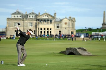 One of the great views in golf, the clubhouse at the Old Course at St. Andrews.