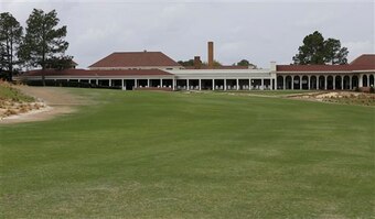 The view from the fairway toward the green on Pinehurst No. 2's 18th hole.