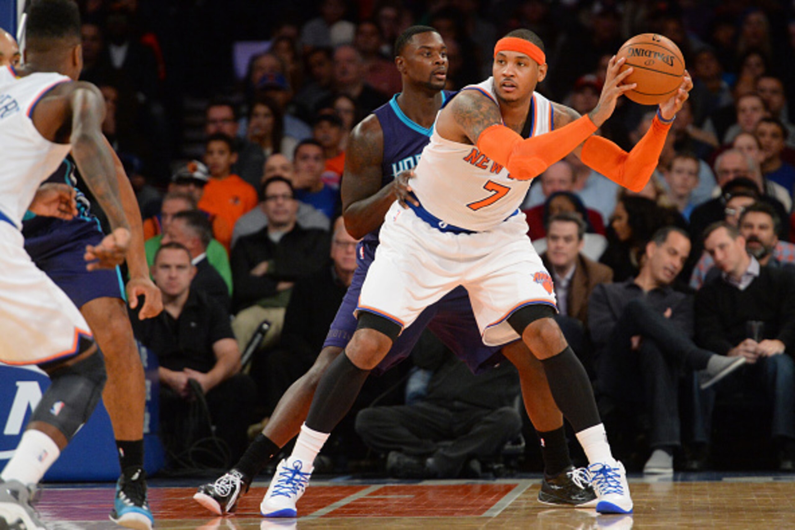 Carmelo Anthony leads his team in assists, with 4.4 per game. Carmelo Anthony leads his team in assists, with 4.4 per game.