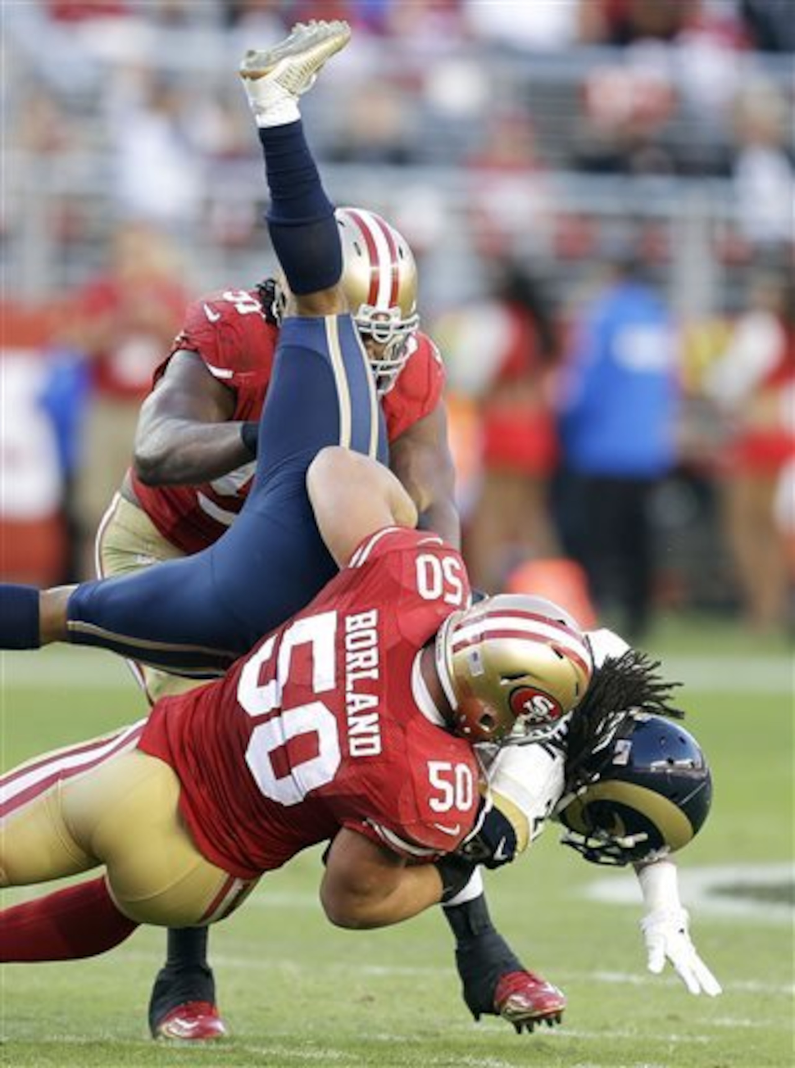 Chris Borland had 18 tackles against the Rams.