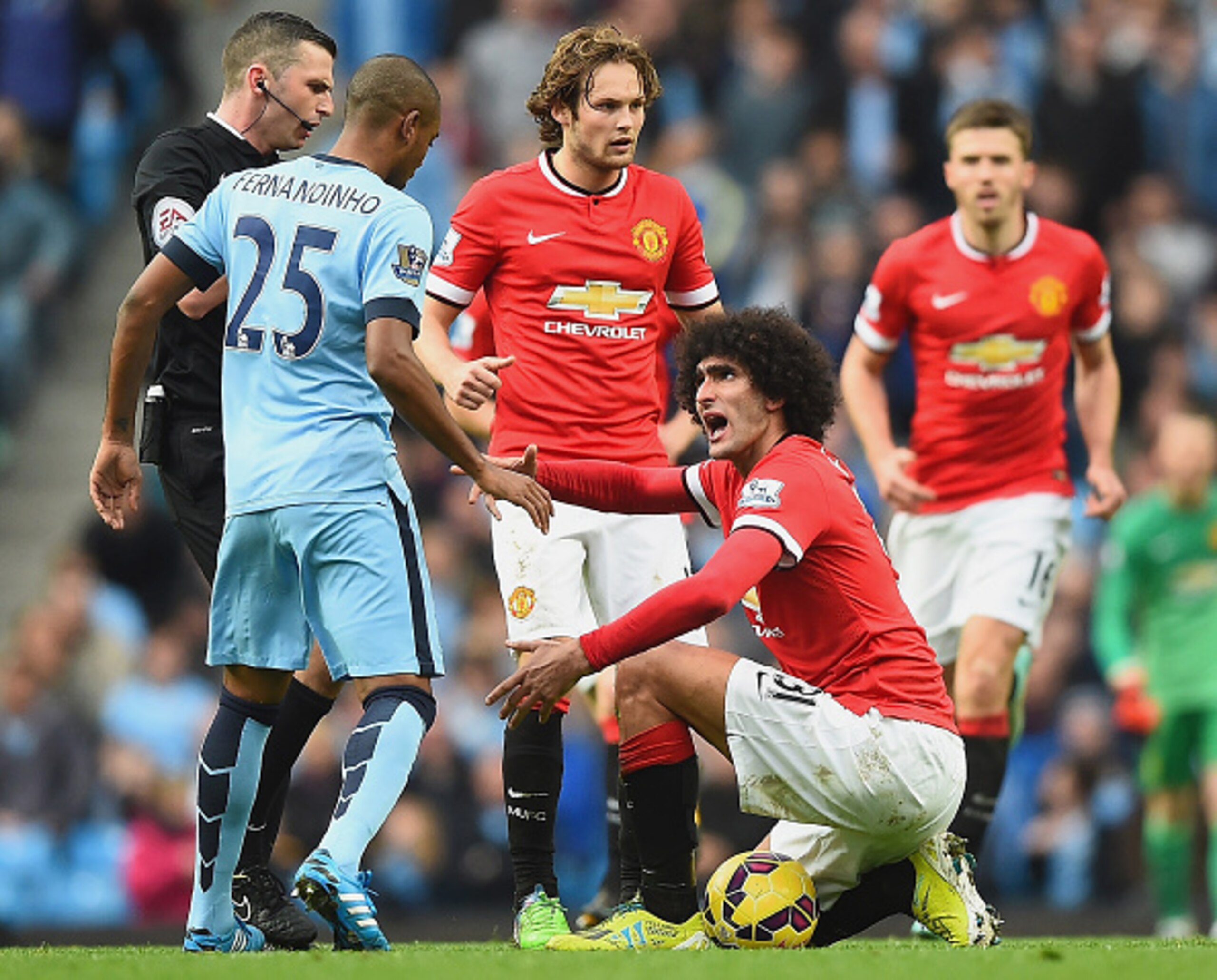 Fellaini avoided both a penalty award to City and possibly a red card at the end of the first half of the recent derby.