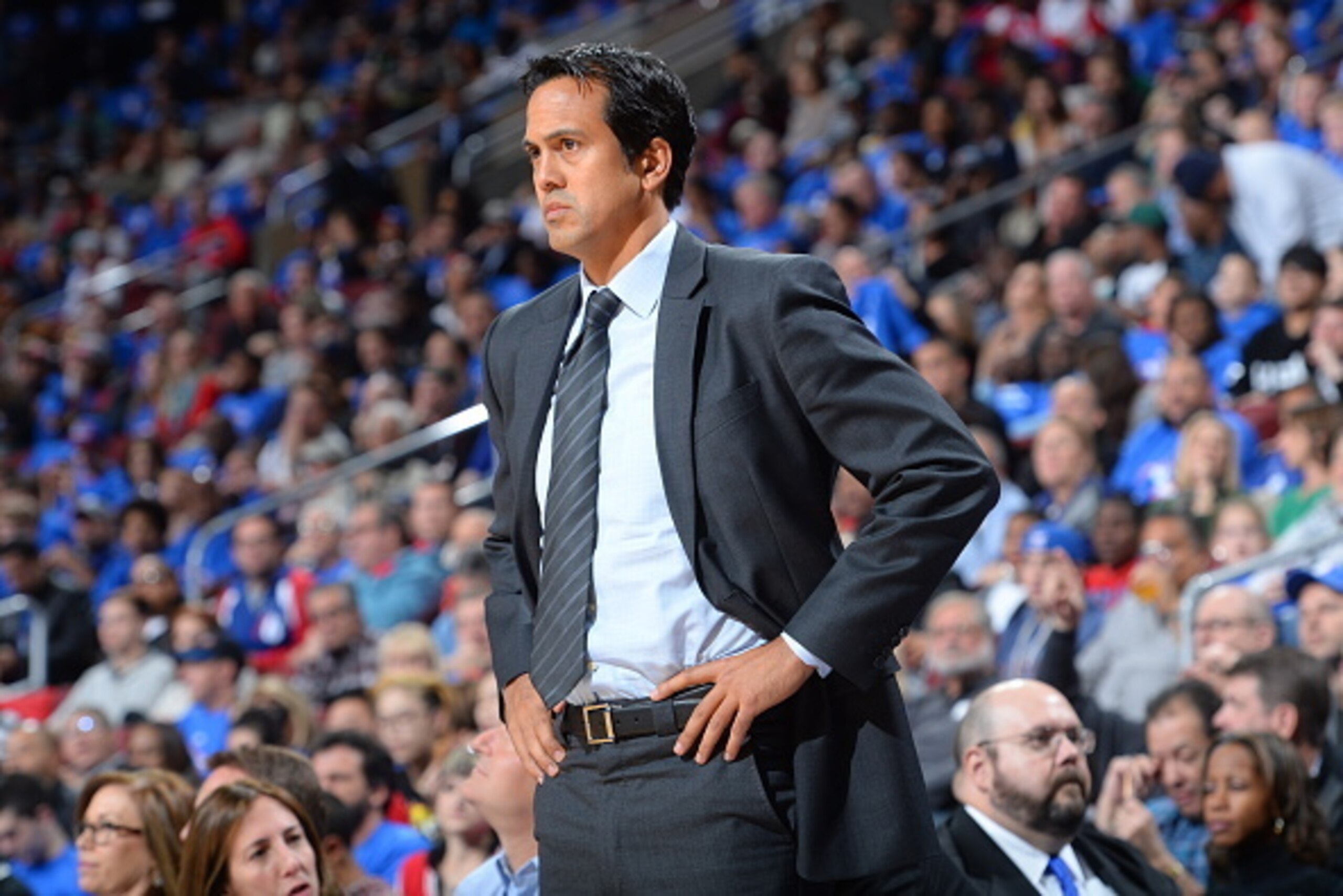 Heat coach Erik Spoelstra, possibly contemplating troubling signs.