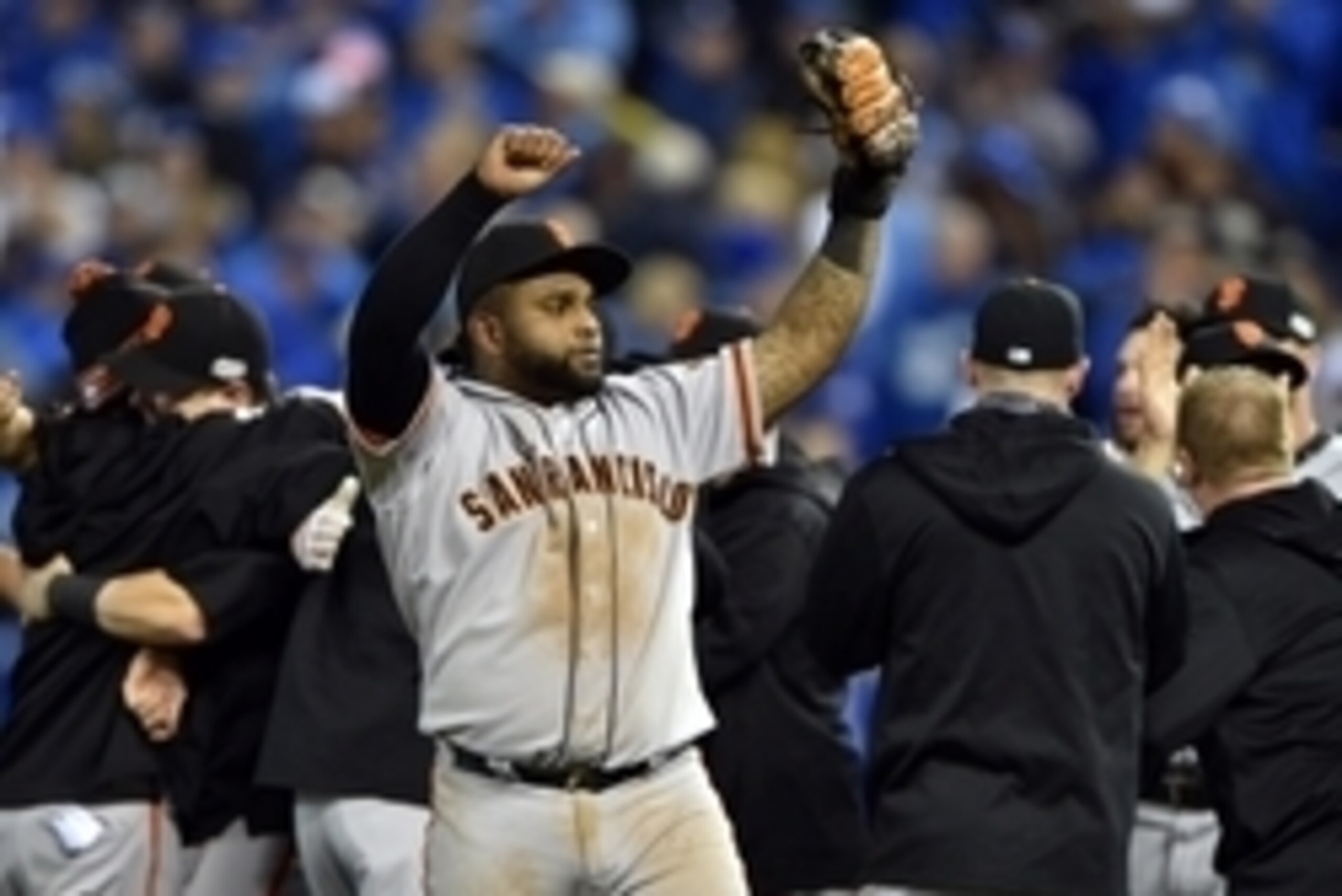 Pablo Sandoval celebrates after catching the final out of the World Series.