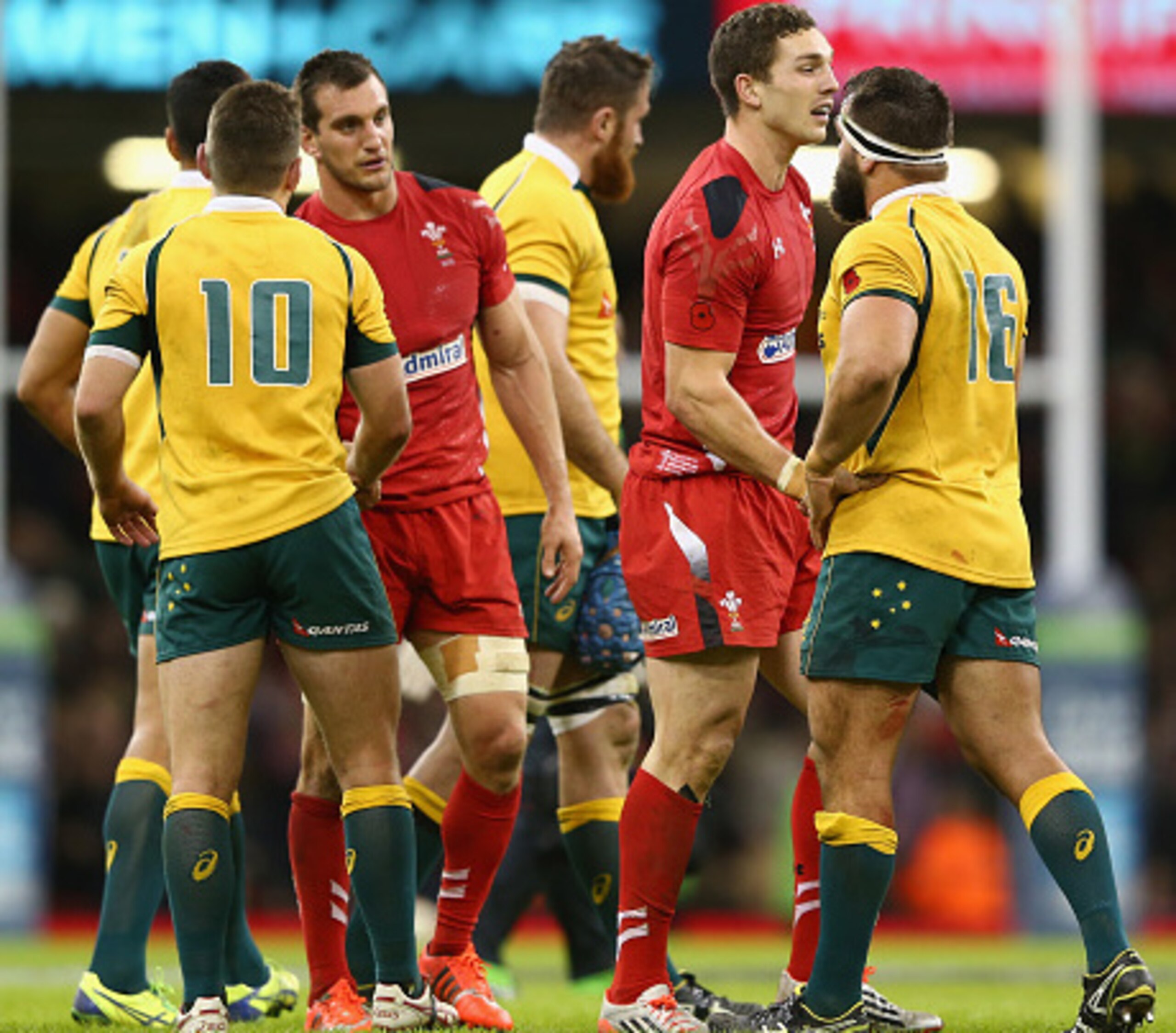 CARDIFF, WALES - NOVEMBER 08: Sam Warburton (2L) and George North (2R) of Wales look forlorn at the final whistle after their sides 28-33 defeat during the International match between Wales and Australia at the Millennium Stadium on November 8, 2014 in Ca