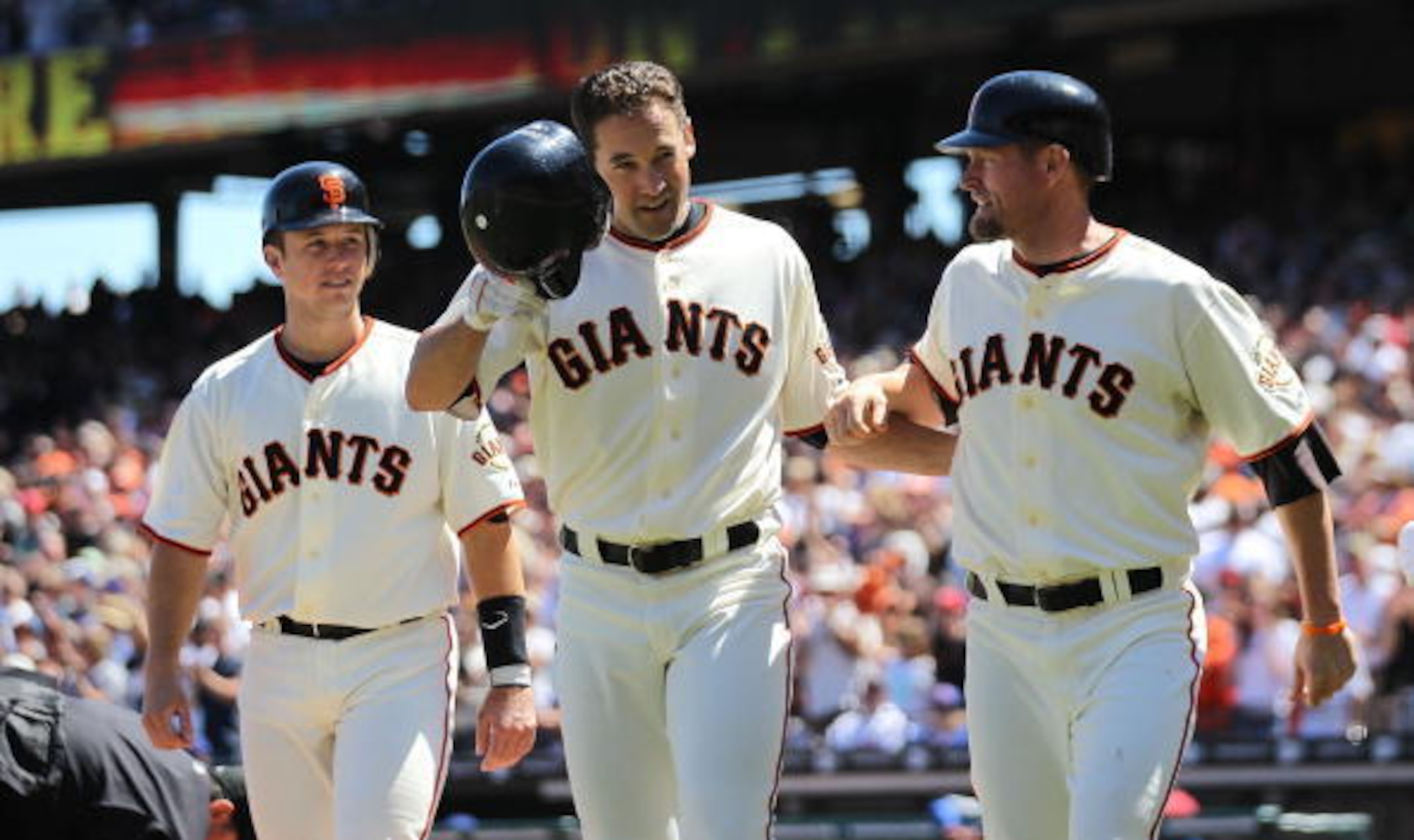 From left: Buster Posey, Pat Burrell and Aubrey Huff were instrumental on the Giants' 2010 title run.