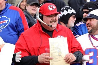 A Chiefs fan sitting front row is dressed up as Andy Reid.