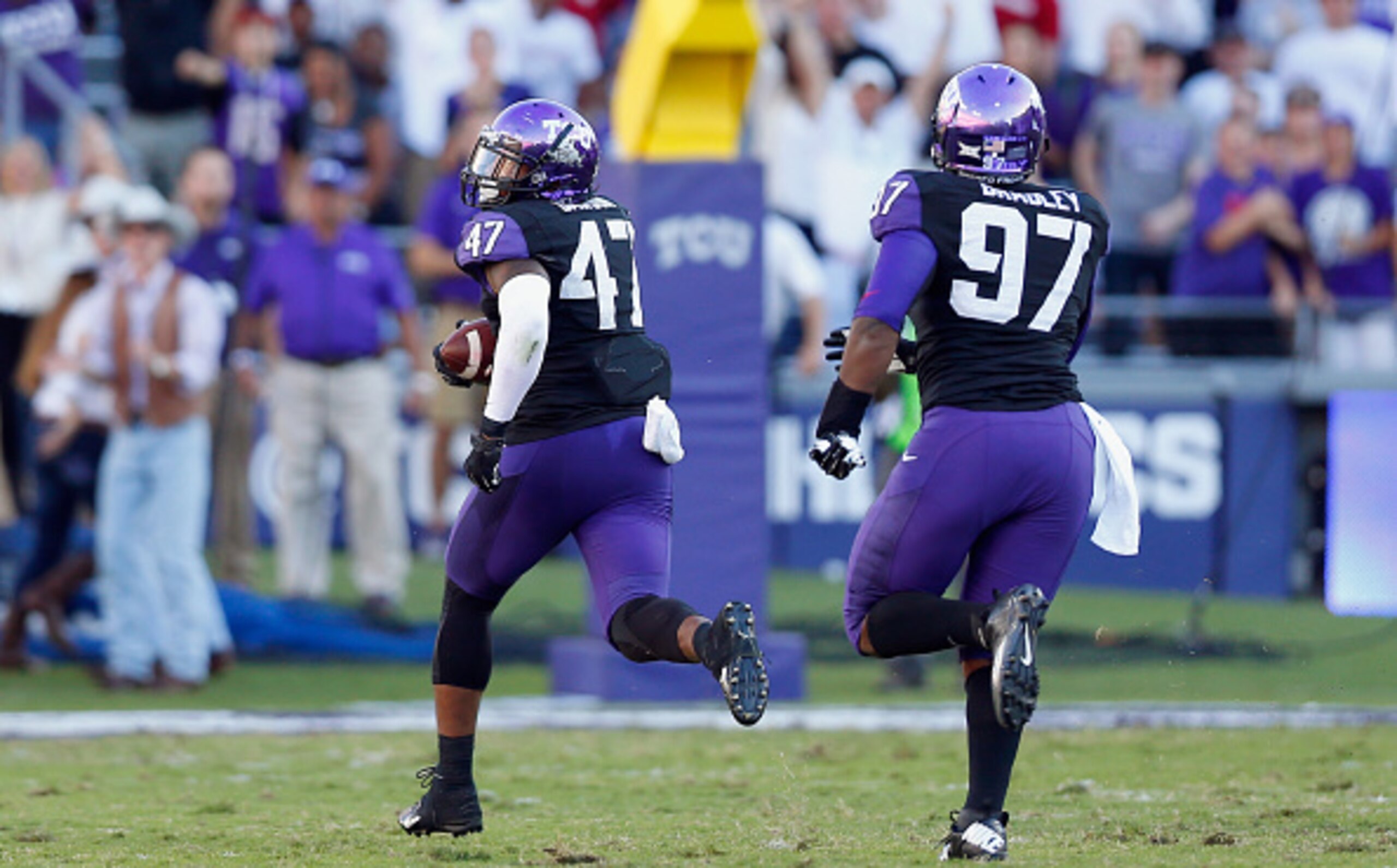 TCU LB Paul Dawson returns an interception 41 yards for a touchdown vs. Oklahoma.
