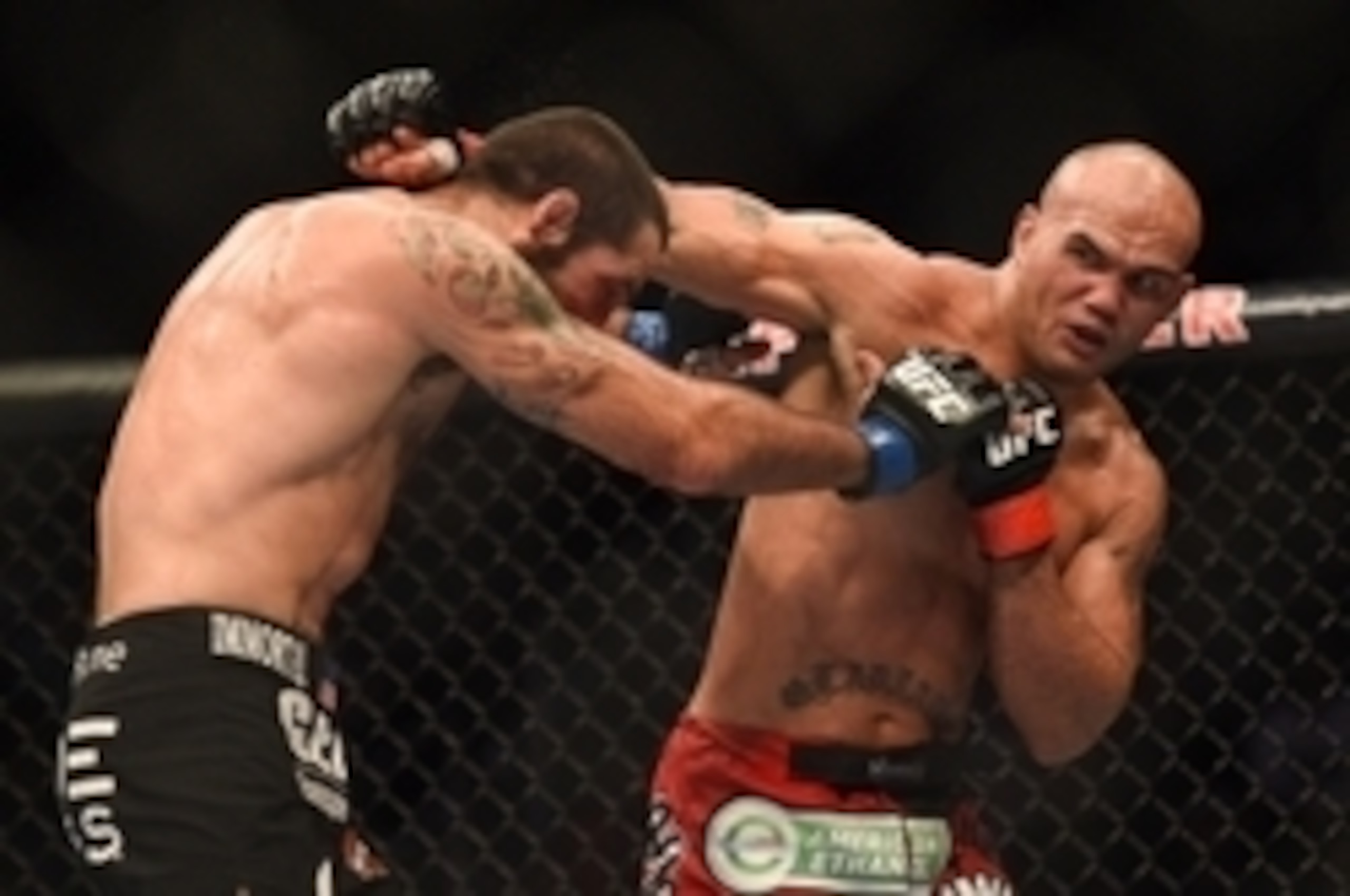 Robbie Lawler exchanges with Matt Brown in their Fight of the Year candidate.