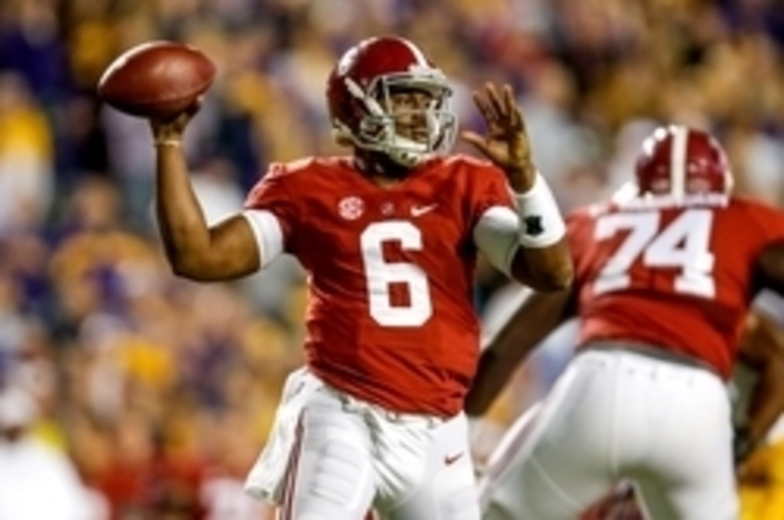 Nov 8, 2014; Baton Rouge, LA, USA; Alabama Crimson Tide quarterback Blake Sims (6) throws against the LSU Tigers during the first quarter of a game at Tiger Stadium. Mandatory Credit: Derick E. Hingle-USA TODAY Sports