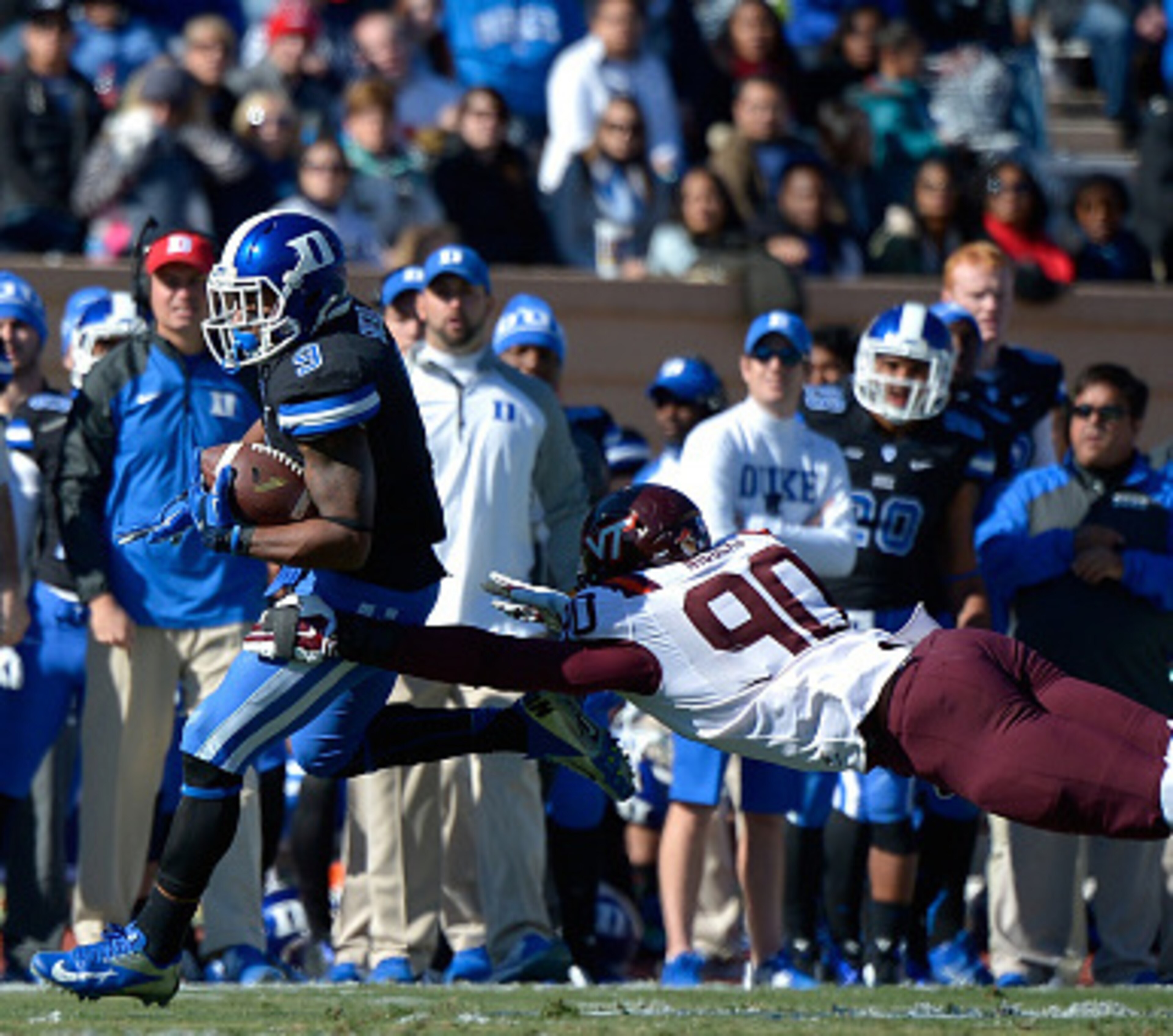 Virginia Tech defensive end Dadi Nicolas in pursuit of Duke QB Anthony Boone