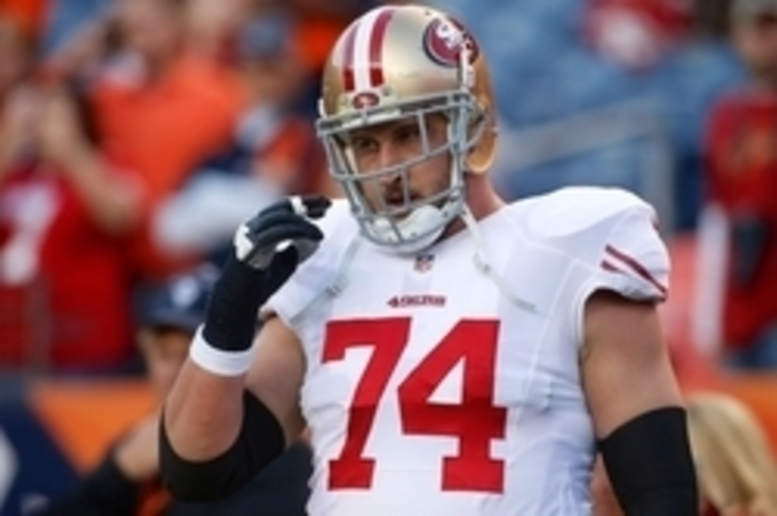 Oct 19, 2014; Denver, CO, USA; San Francisco 49ers tackle Joe Staley (74) prior to the game against the Denver Broncos at Sports Authority Field at Mile High. Mandatory Credit: Chris Humphreys-USA TODAY Sports