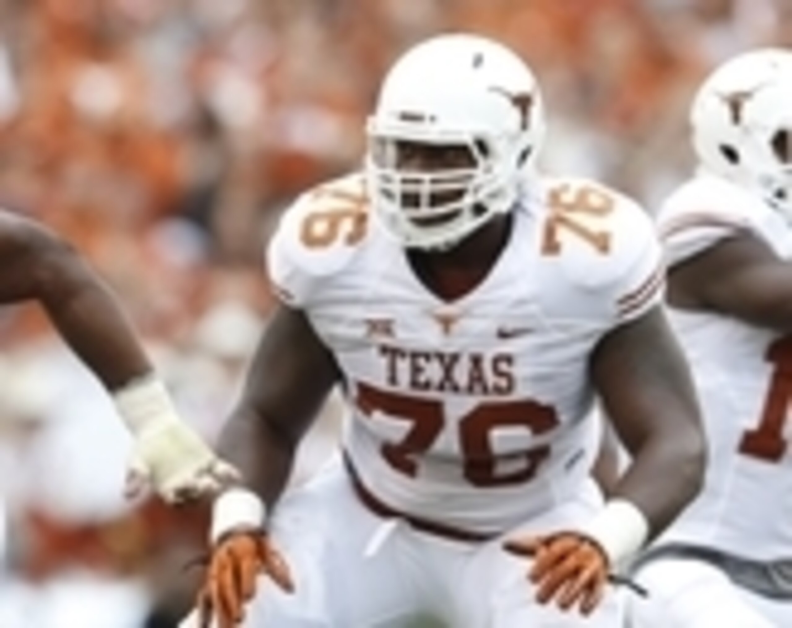 Oct 11, 2014; Dallas, TX, USA; Texas Longhorns tackle Kent Perkins (76) in action against the Oklahoma Sooners during the Red River showdown at the Cotton Bowl. Mandatory Credit: Matthew Emmons-USA TODAY Sports Oct 11, 2014; Dallas, TX, USA; Texas Longhorns tackle Kent Perkins (76) in action against the Oklahoma Sooners during the Red River showdown at the Cotton Bowl. Mandatory Credit: Matthew Emmons-USA TODAY Sports