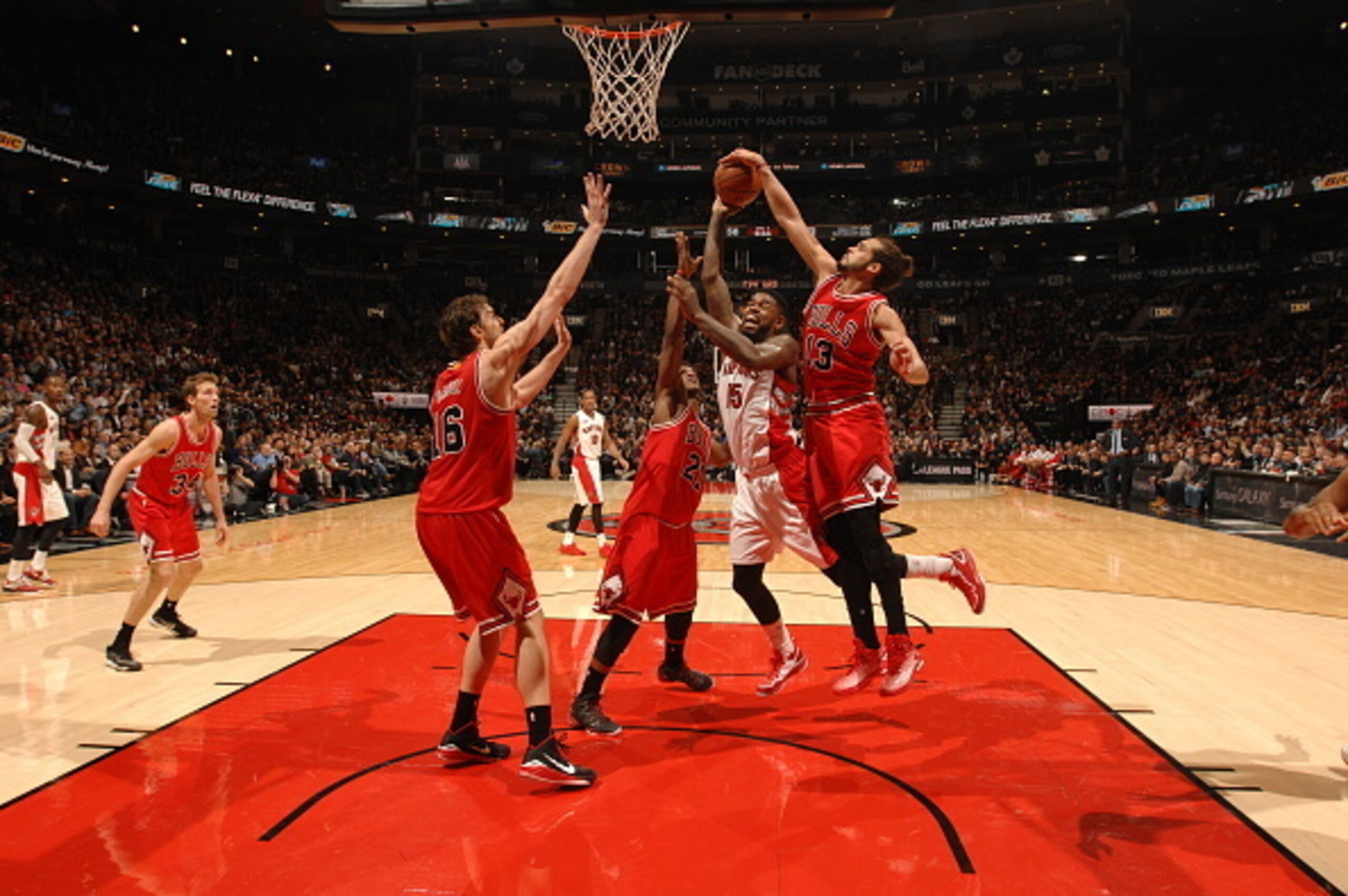 Pau Gasol (left, foreground) and Joakim Noah (right, foreground) are formidable paint protectors.