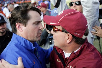 Jimbo Fisher (right) is 3-1 as FSU's coach against the Gators. He will face good friend Will Muschamp and the Gators on Saturday.