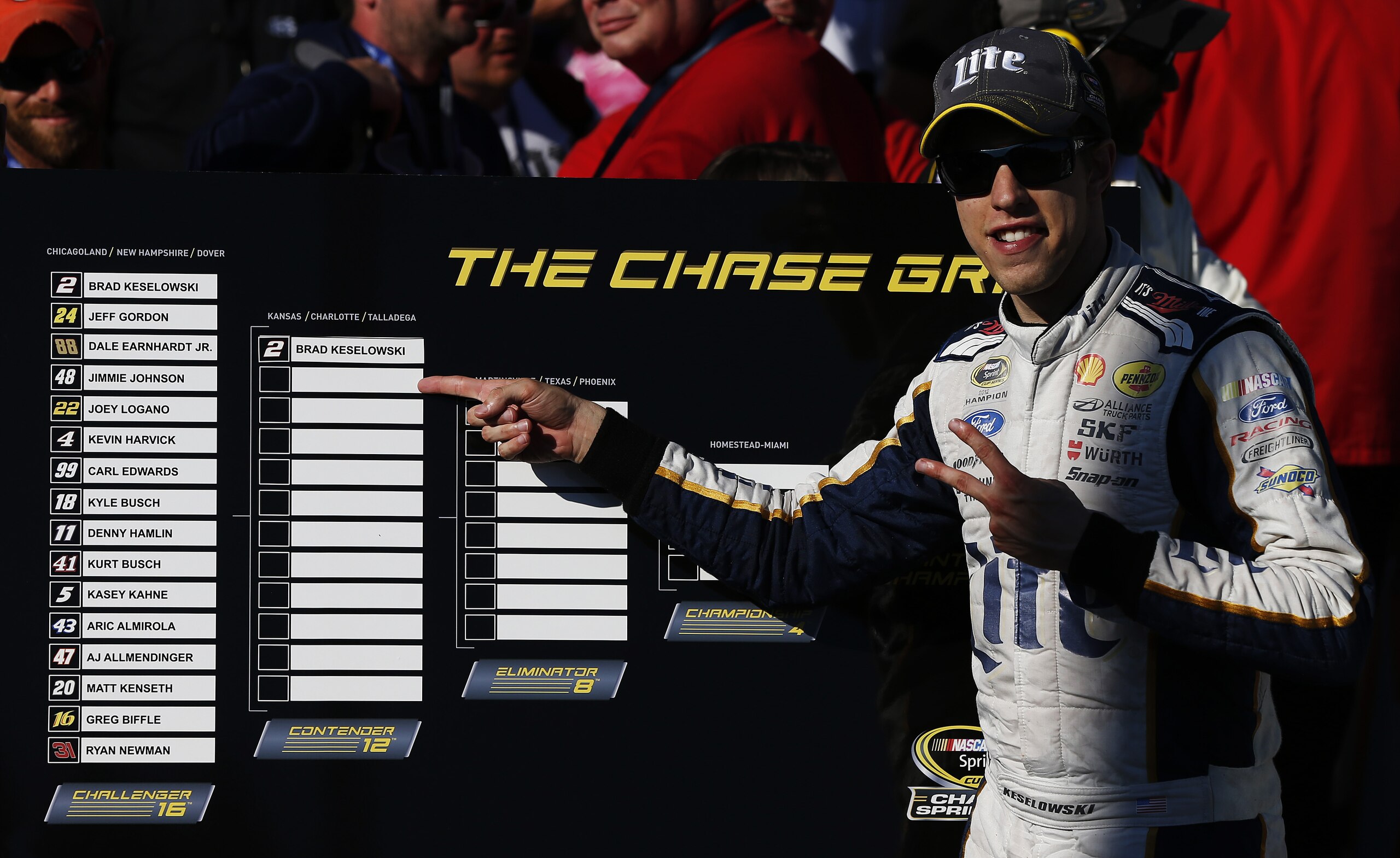 Brad Keselowski points out his name in the Contender Round
