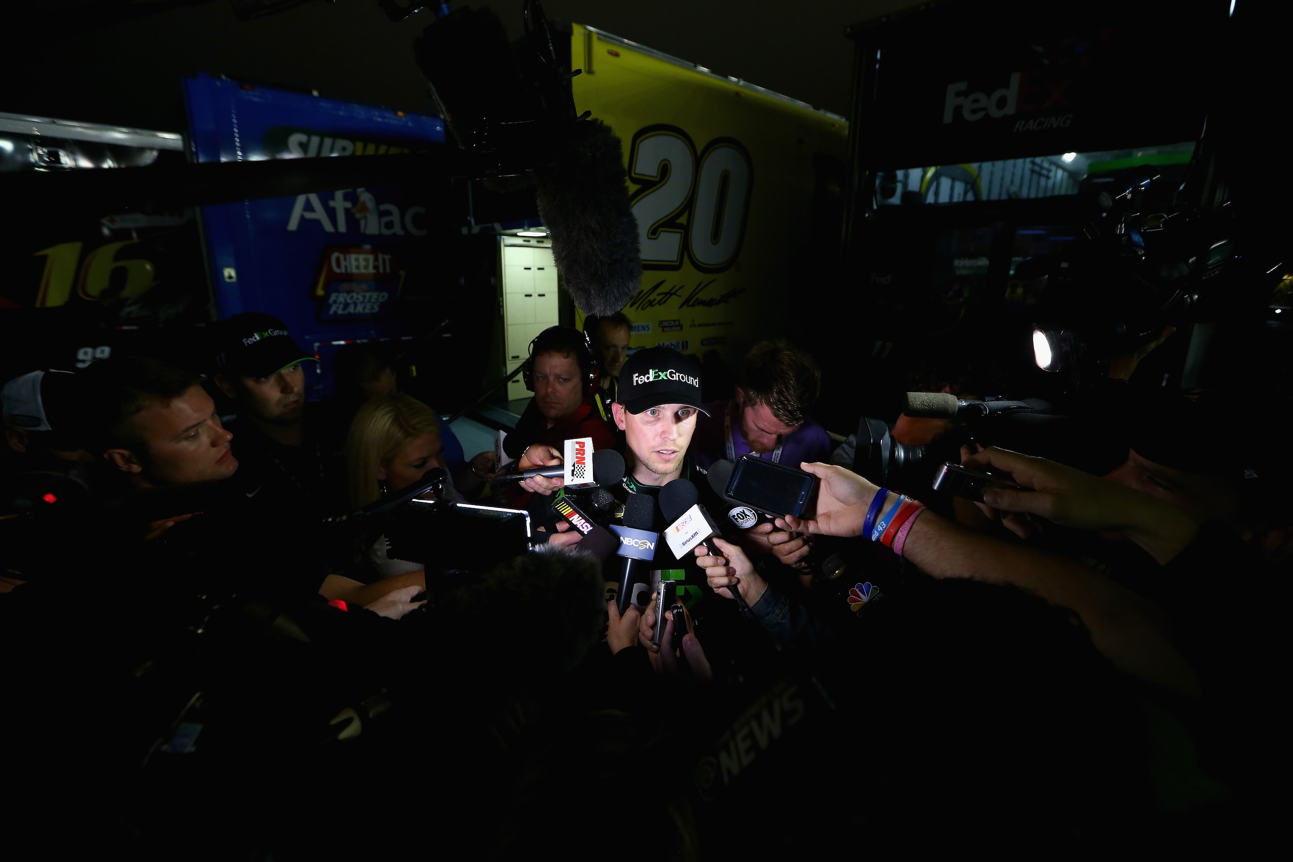 Denny Hamlin meets the media following his post-race incident with Brad Keselowski