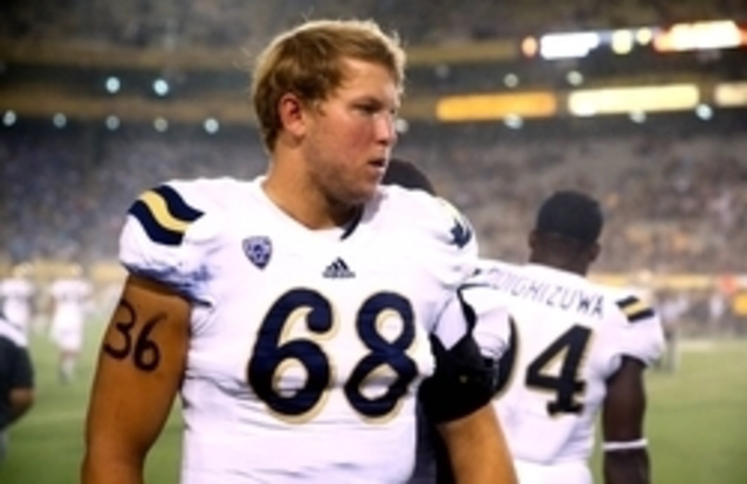 Sep 25, 2014; Tempe, AZ, USA; UCLA Bruins offensive lineman Conor McDermott (68) against the Arizona State Sun Devils at Sun Devil Stadium. UCLA defeated Arizona State 62-27. Mandatory Credit: Mark J. Rebilas-USA TODAY Sports