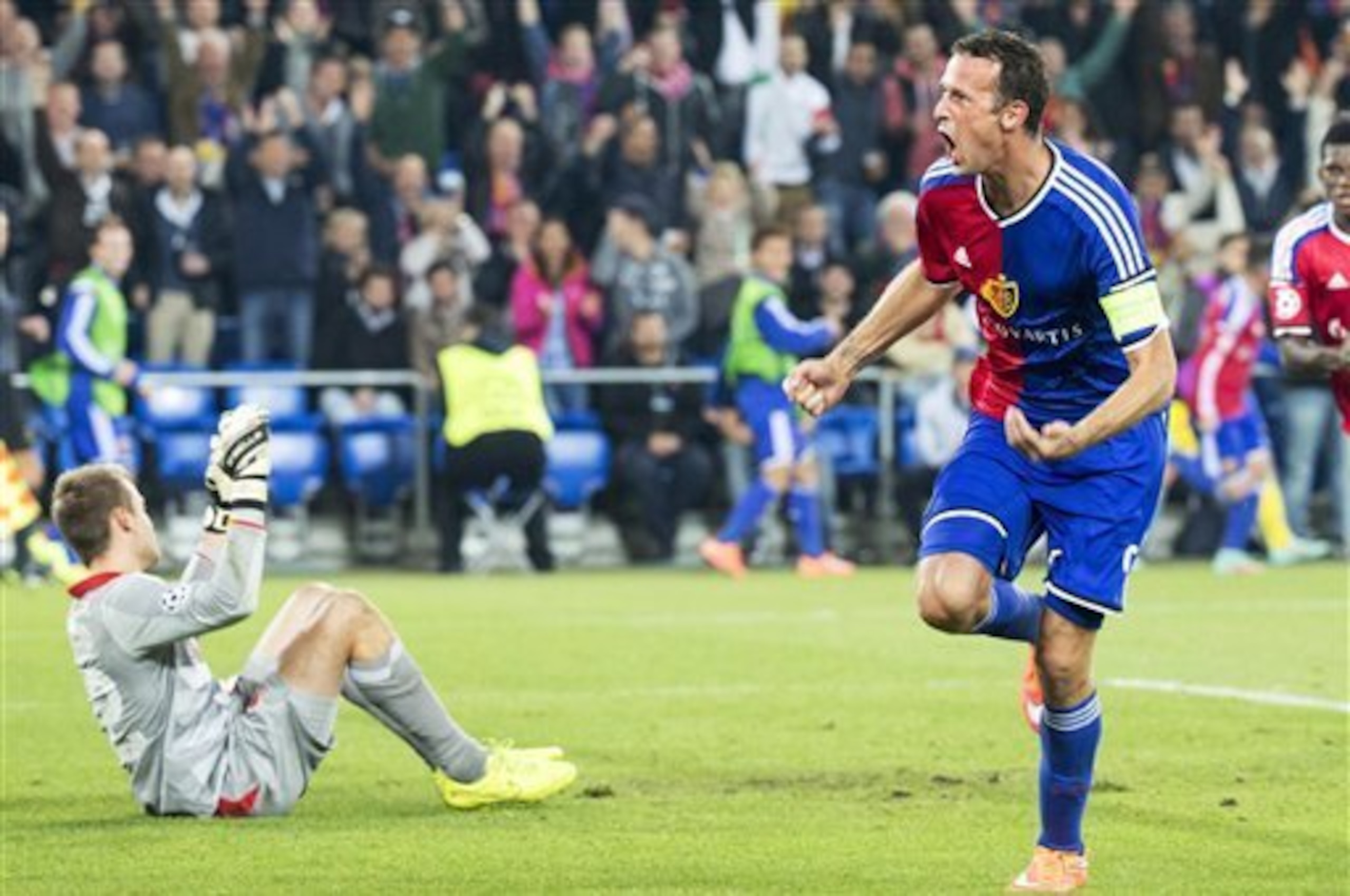 Marco Streller celebrates scoring what proved to be the winner against Liverpool in October.