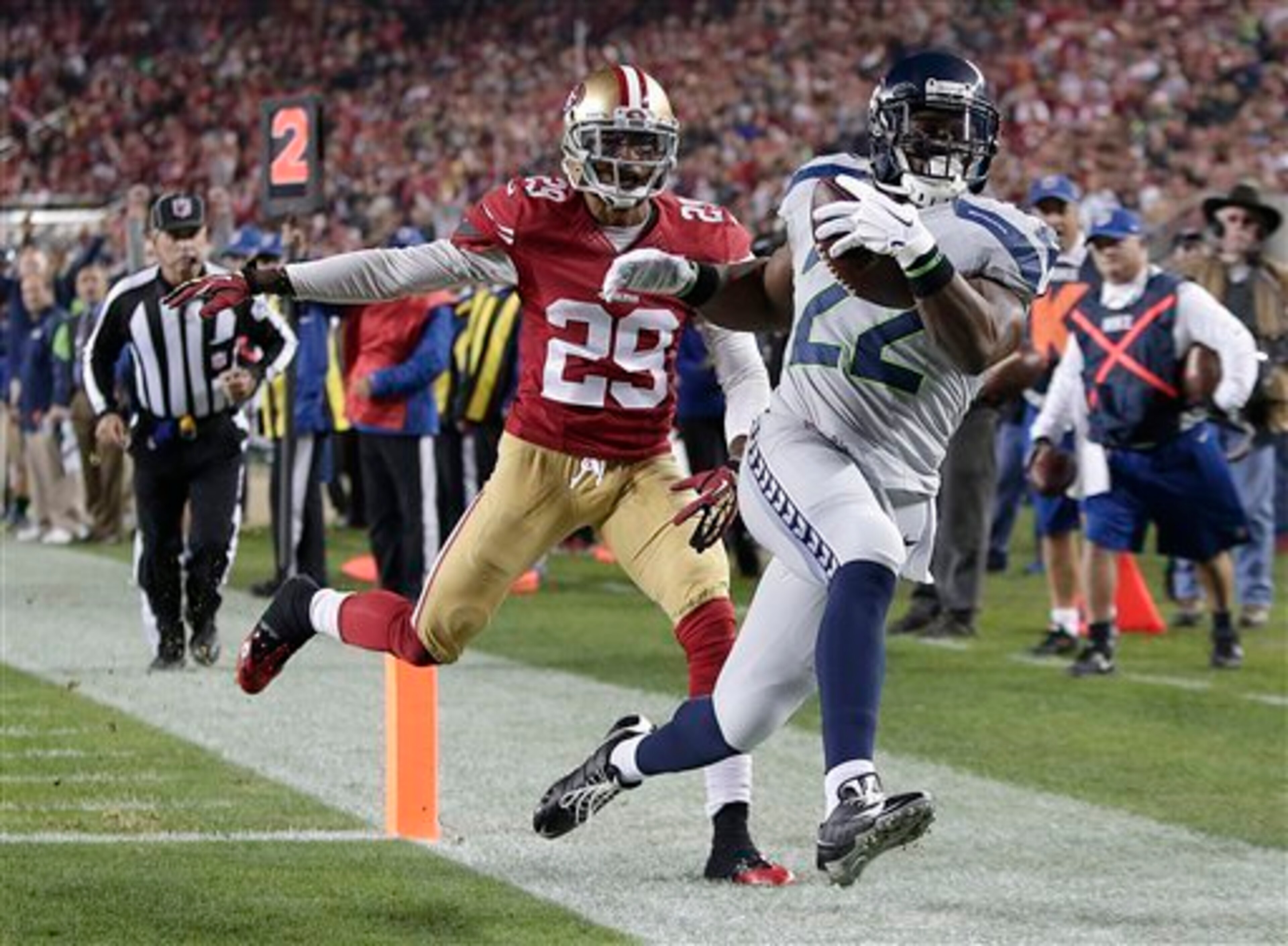 The secondary also had some coverage mistakes. Chris Culliver allowed this touchdown to Robert Turbin.
