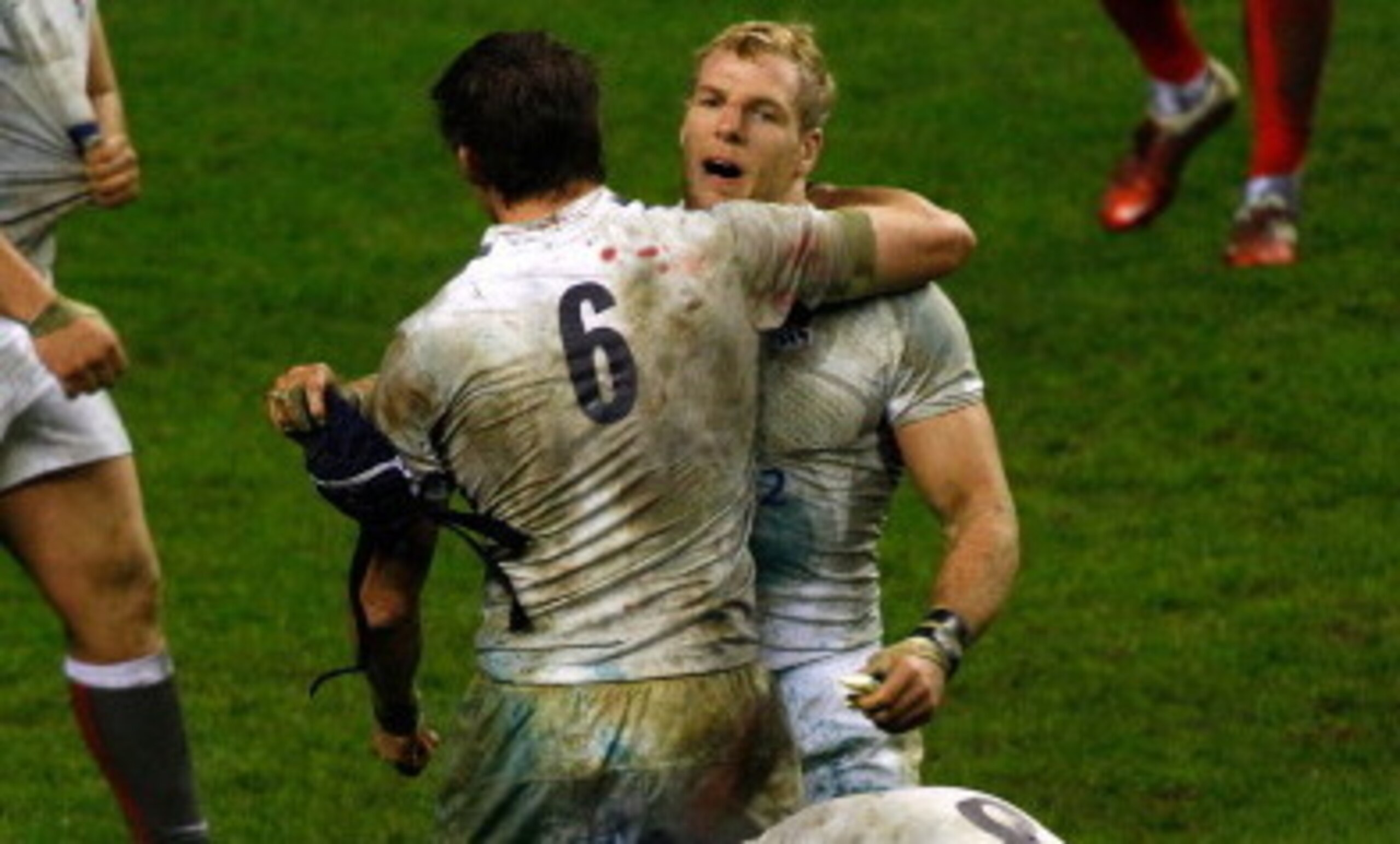 LONDON, ENGLAND - FEBRUARY 26:  England player James Haskell (c) is congratulated by Tom Wood (#6) on the final whistle of the RBS Six Nations Championship match between England and France at Twickenham Stadium on February 26, 2011 in London, England.  (P