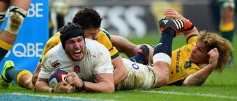 Ben Morgan drives over for his first try.