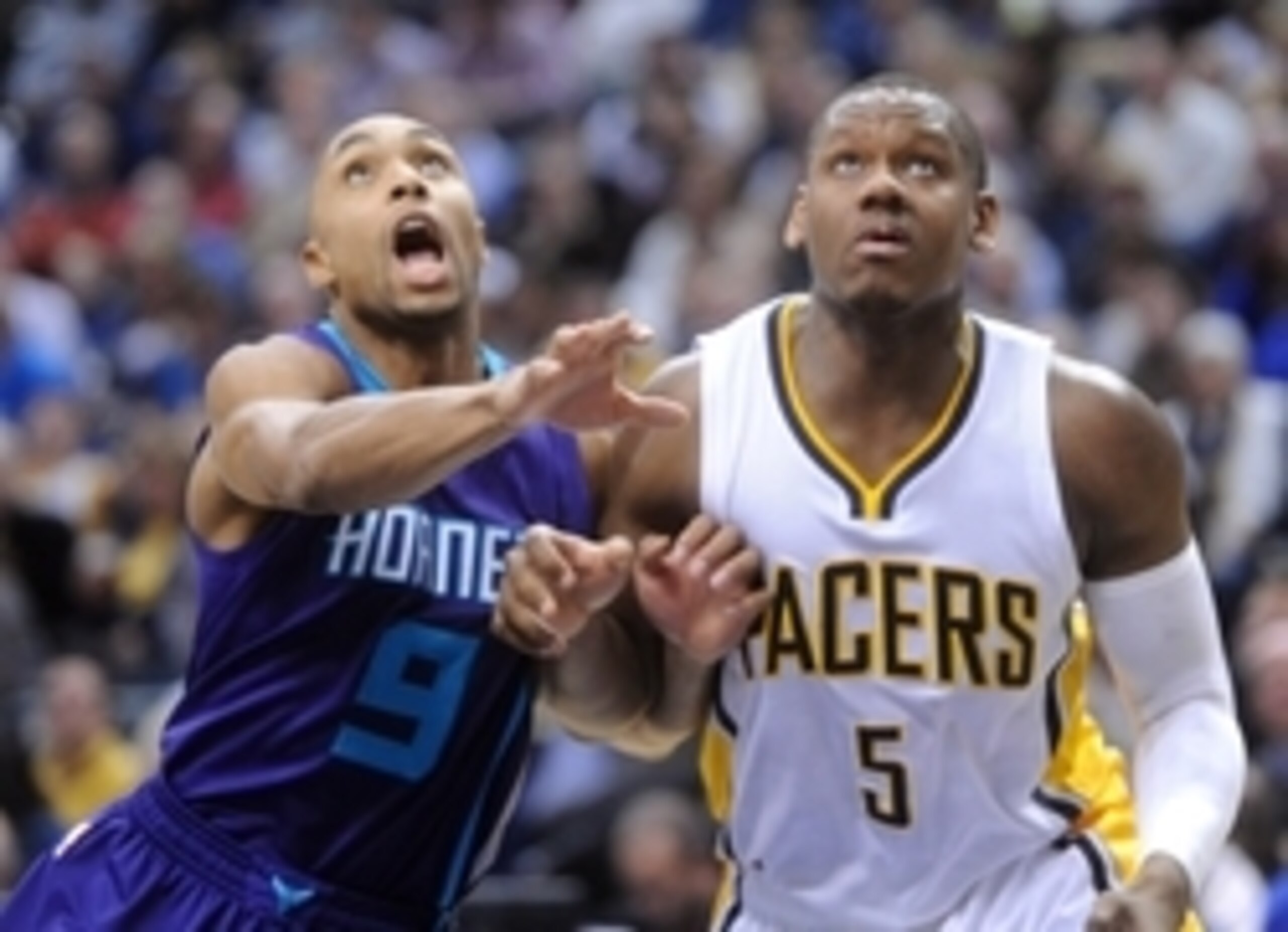 Indiana Pacers forward-center Lavoy Allen (R) tries to box out Charlotte Hornets guard Gerald Henderson. Indiana Pacers forward-center Lavoy Allen (R) tries to box out Charlotte Hornets guard Gerald Henderson.