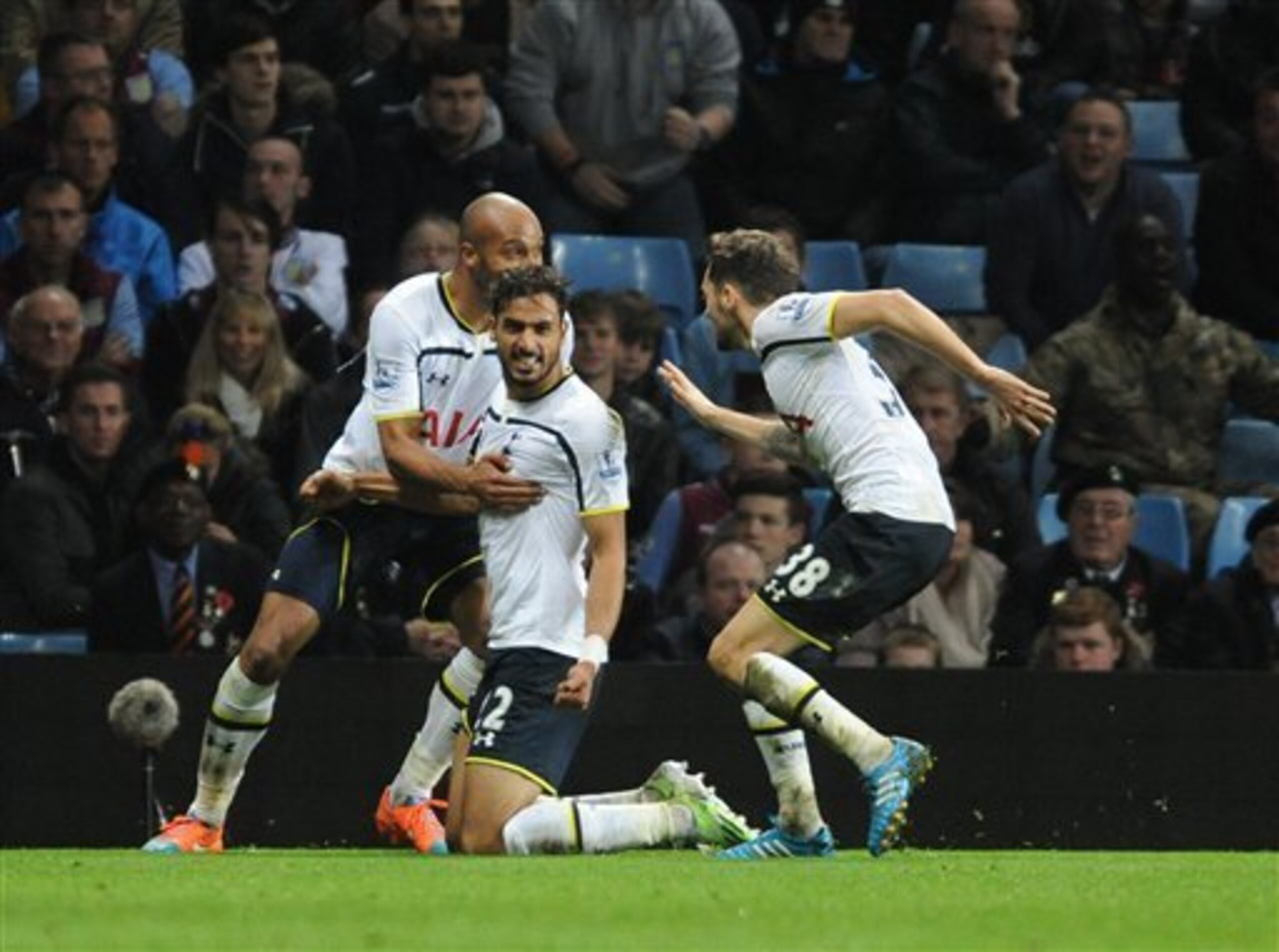 Nacer Chadli is congratulated after his vital equaliser against Villa.