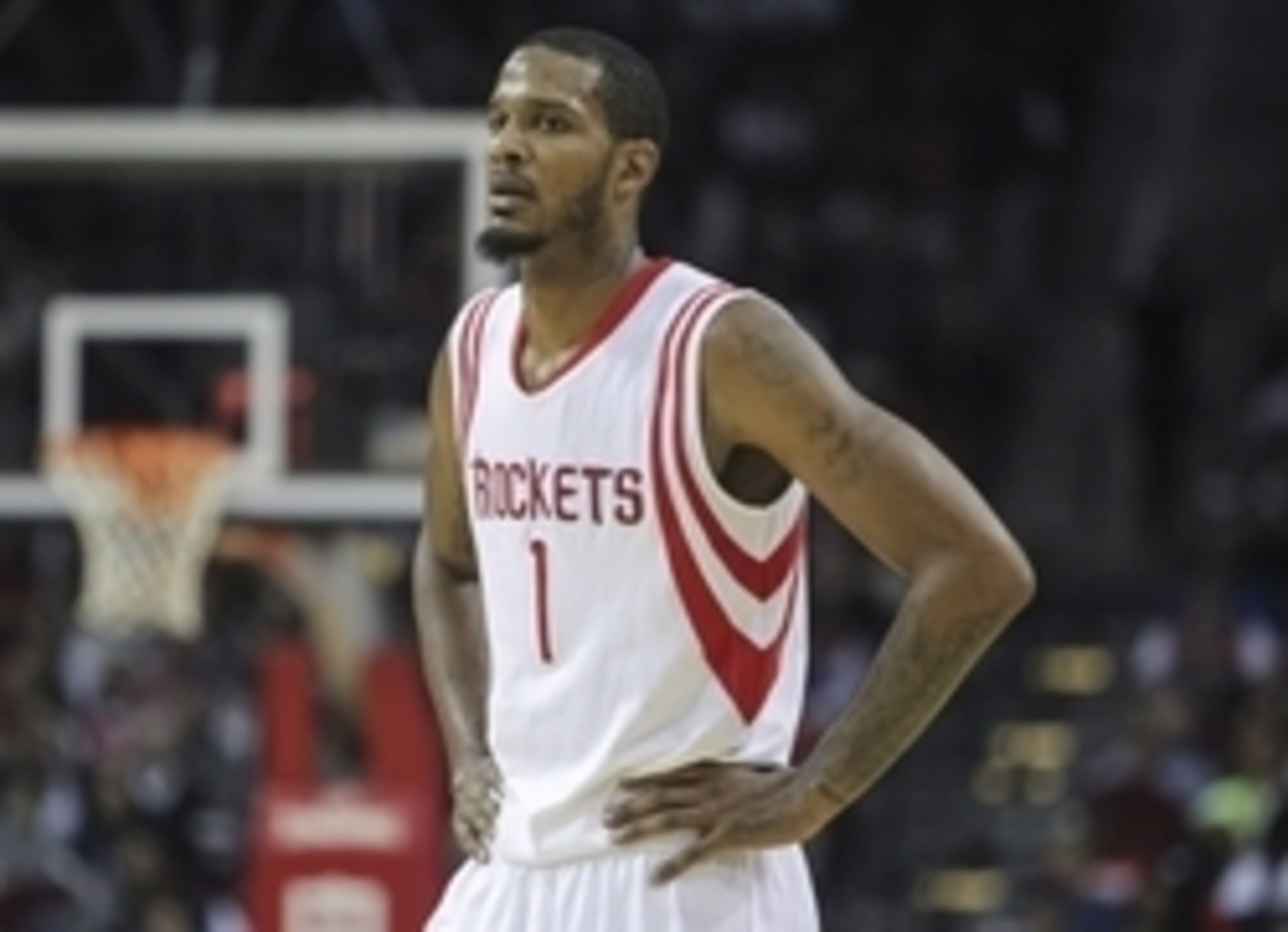 Nov 28, 2014; Houston, TX, USA; Houston Rockets forward Trevor Ariza (1) reacts after a play during the second half against the Los Angeles Clippers at Toyota Center. Mandatory Credit: Troy Taormina-USA TODAY Sports