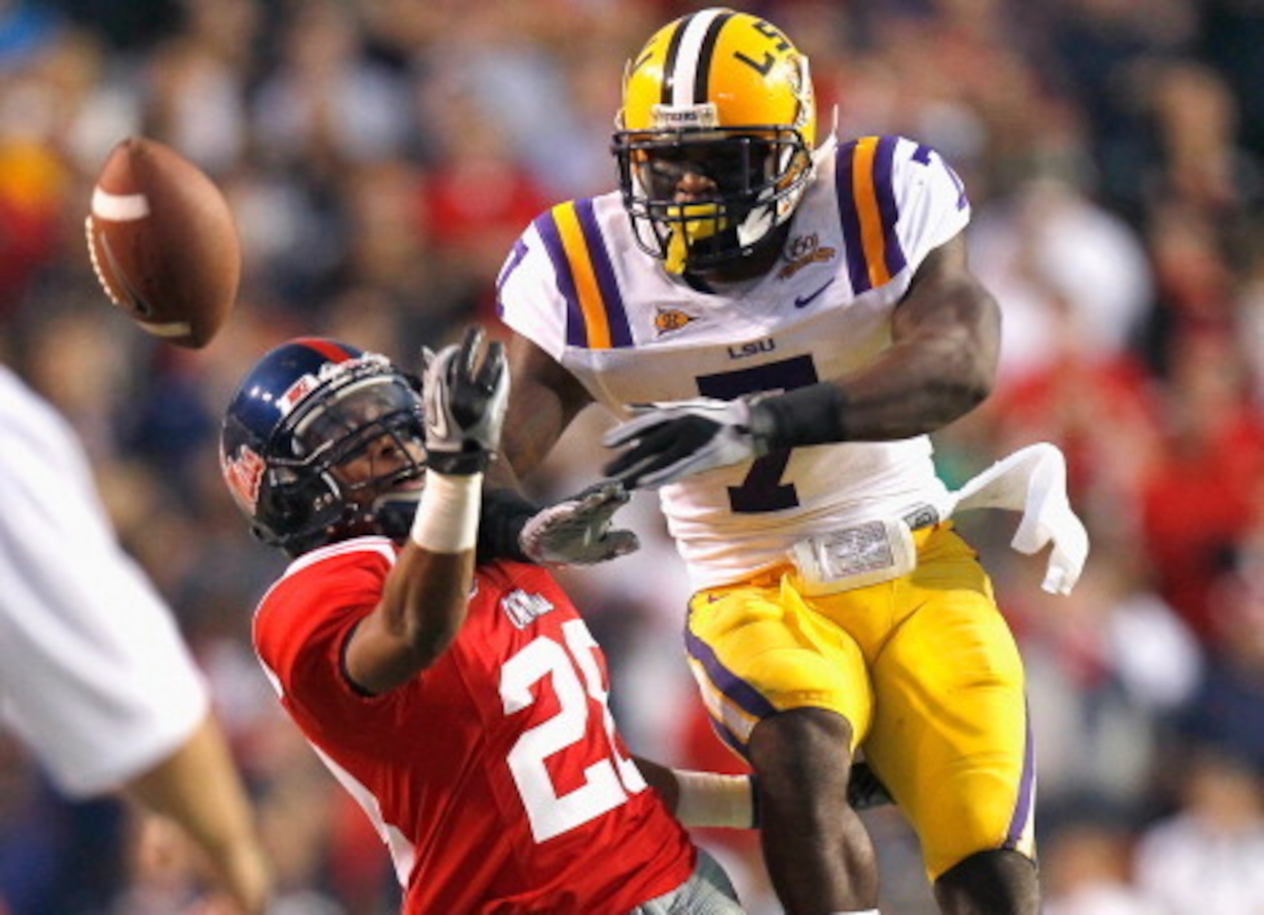 BATON ROUGE, LA - NOVEMBER 20: Patrick Peterson #7 of the Louisiana State University Tigers breaks up a pass intended for Korvic Neat #28 of the Ole Miss Rebels at Tiger Stadium on November 20, 2010 in Baton Rouge, Louisiana. (Photo by Kevin C. Cox/Gett BATON ROUGE, LA - NOVEMBER 20: Patrick Peterson #7 of the Louisiana State University Tigers breaks up a pass intended for Korvic Neat #28 of the Ole Miss Rebels at Tiger Stadium on November 20, 2010 in Baton Rouge, Louisiana. (Photo by Kevin C. Cox/Gett