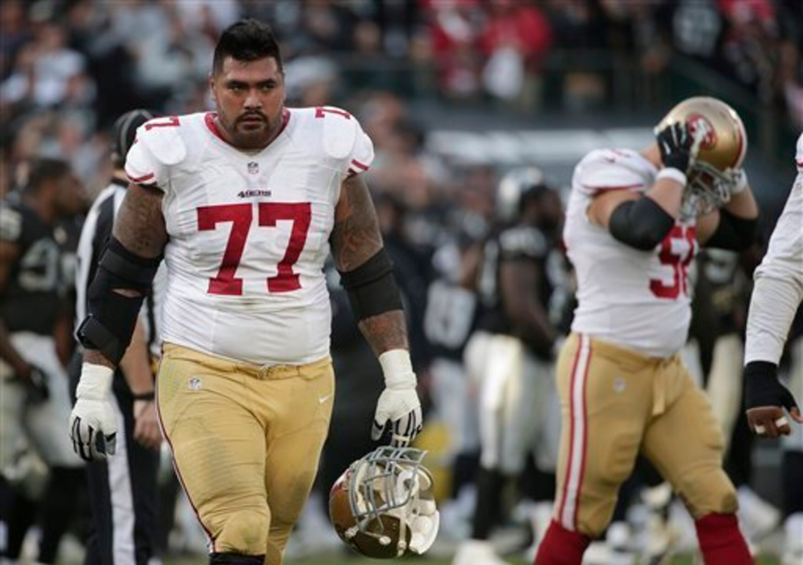An injured Mike Iupati and the 49ers O-line gave up five sacks to the Raiders pass rush.
