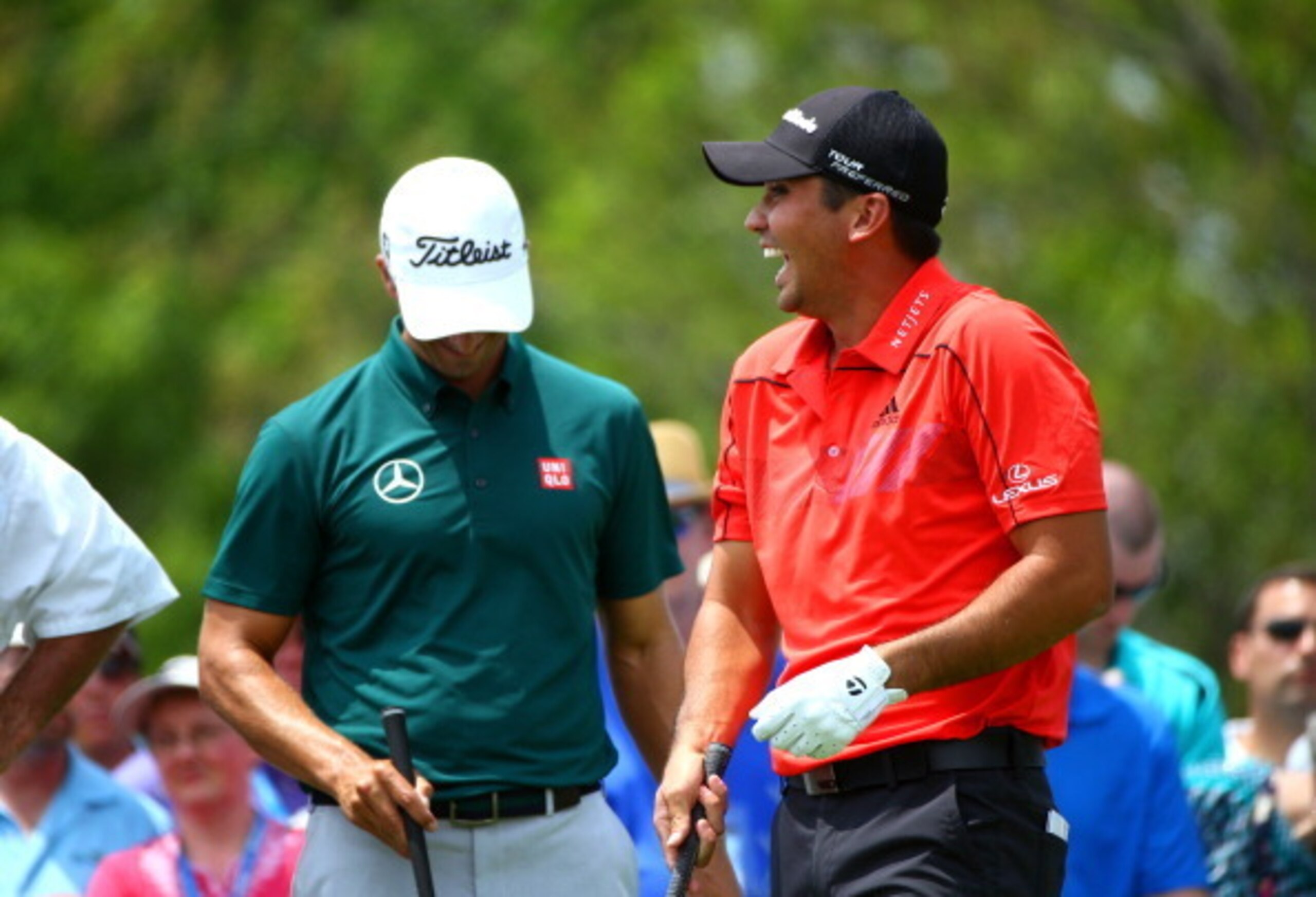 DUBLIN, OH - MAY 29:  Jason Day of Australia shares a laugh with his caddie and fellow golfers at the first hole during the first round of the Memorial Tournament presented by Nationwide Insurance at Muirfield Village Golf Club on May 29, 2014 in Dublin, 