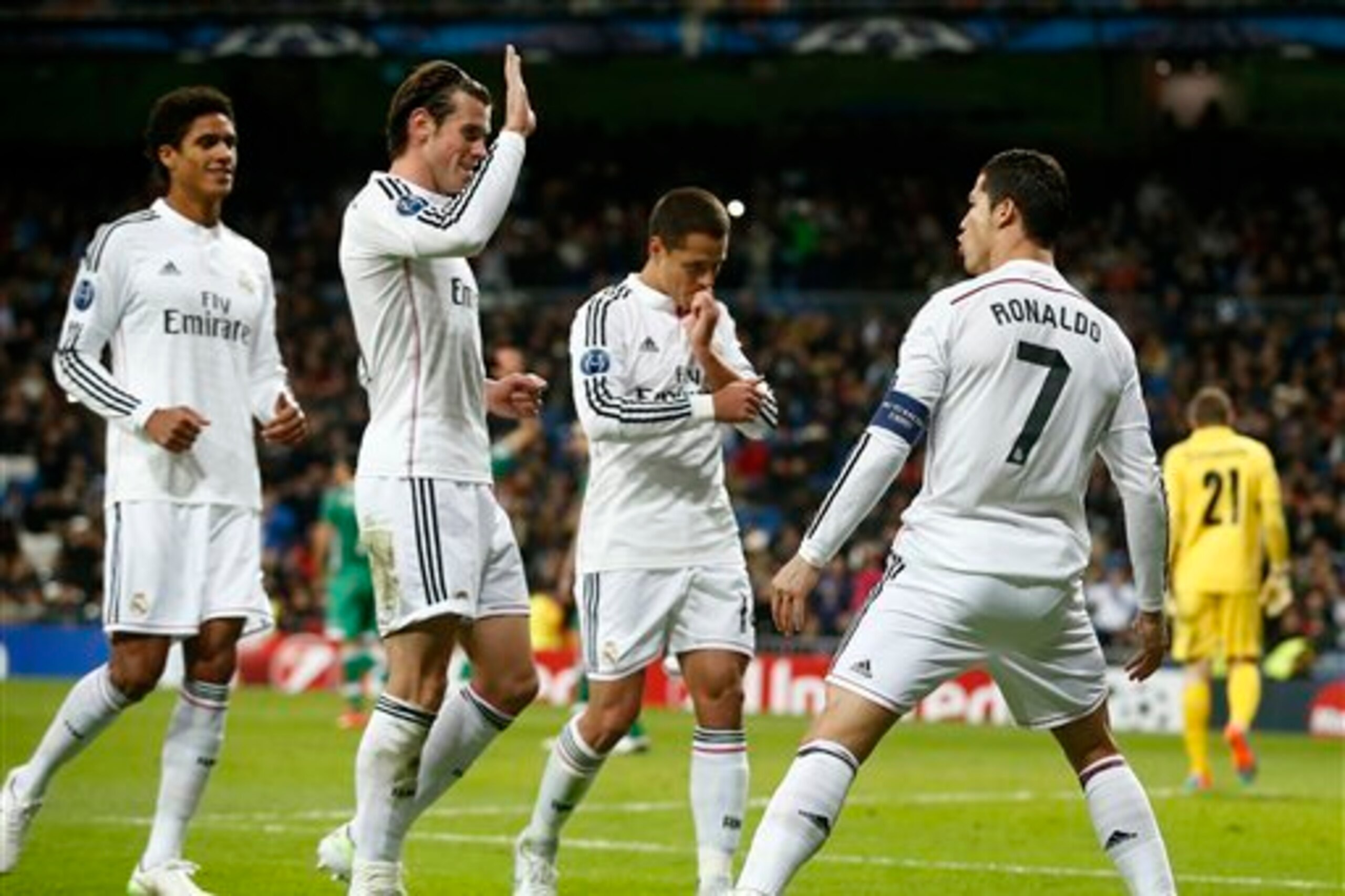 Cristiano Ronaldo and his Real Madrid team-mates celebrate after the Portuguese gave them the lead against Ludogorets. They would win 4-0.