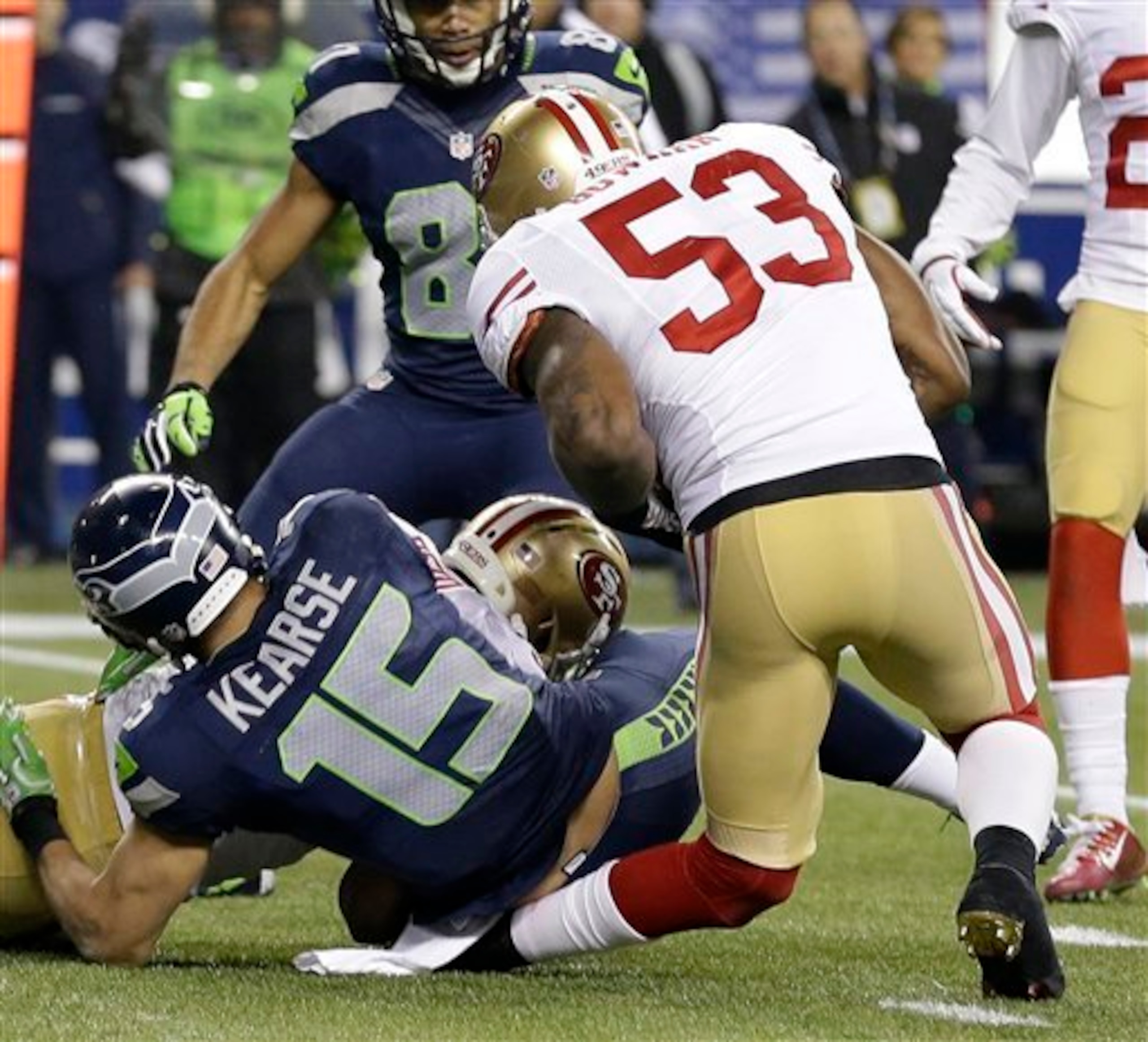 NaVorro Bowman's knee was destroyed on this play in the NFC title game last year.