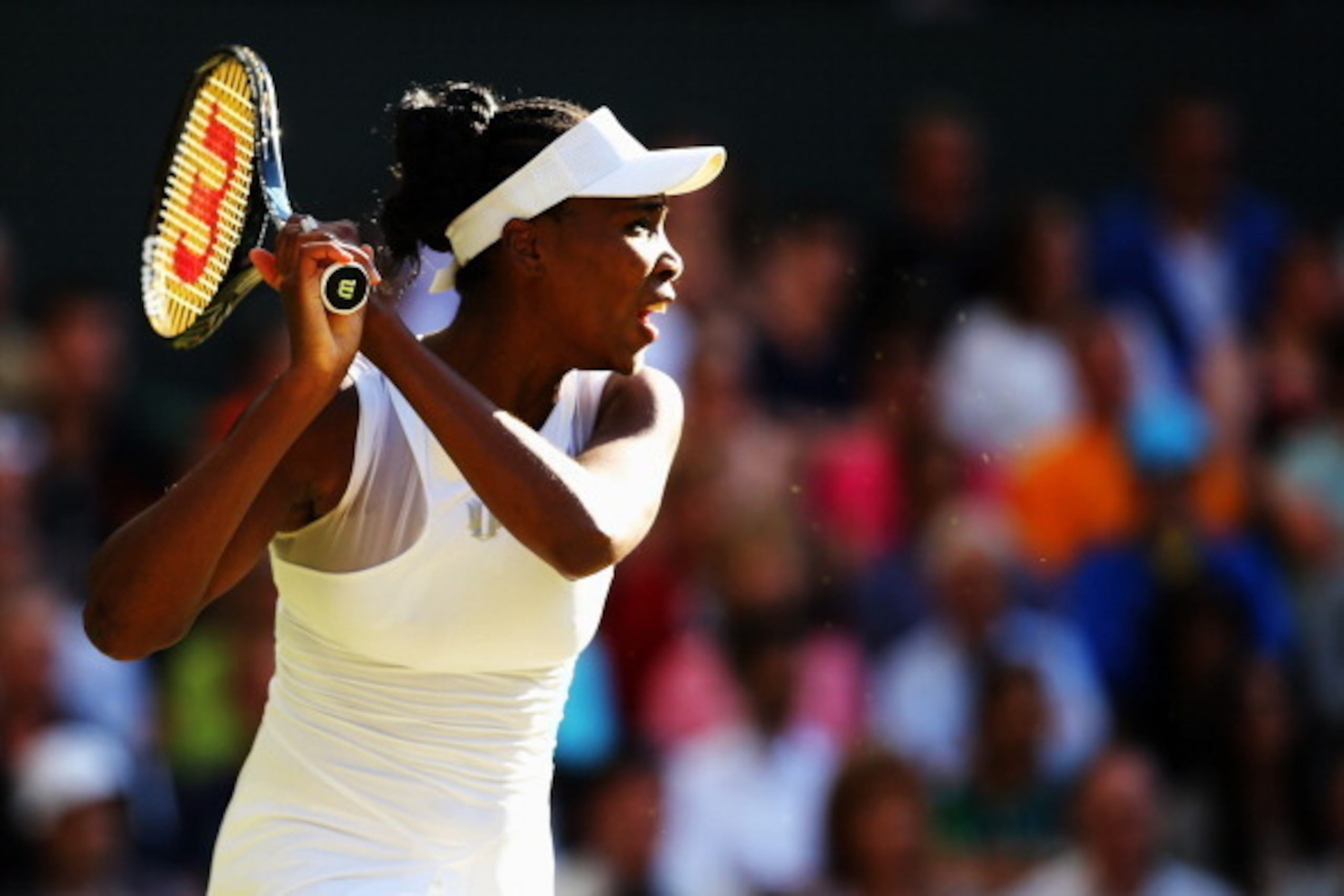 LONDON, ENGLAND - JUNE 27:  Venus Williams of the United States during her Ladies' Singles third round match against Petra Kvitova of Czech Republic on day five of the Wimbledon Lawn Tennis Championships at the All England Lawn Tennis and Croquet Club on 