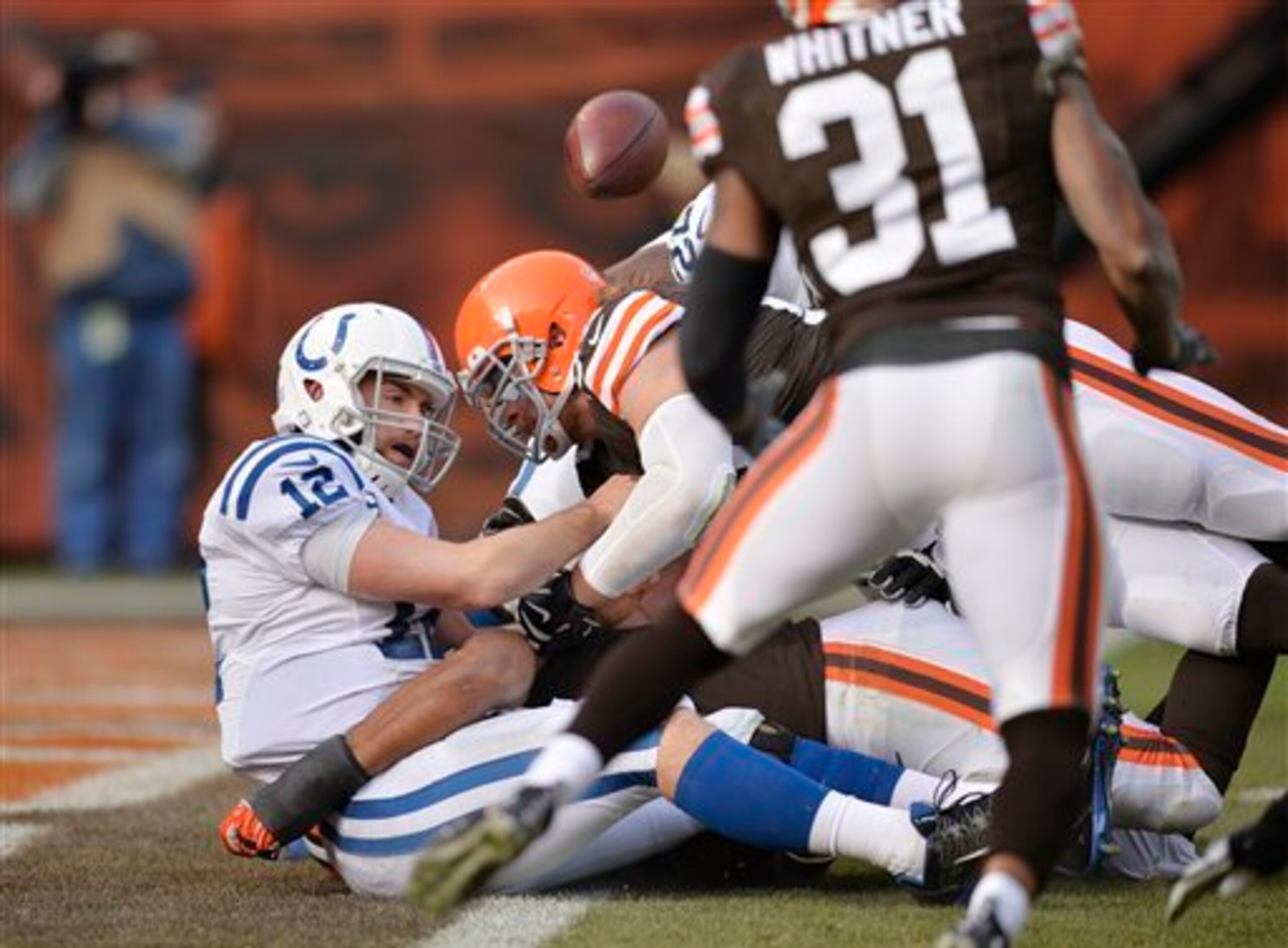 See how the ball isn't in Luck's hands? That's bad.