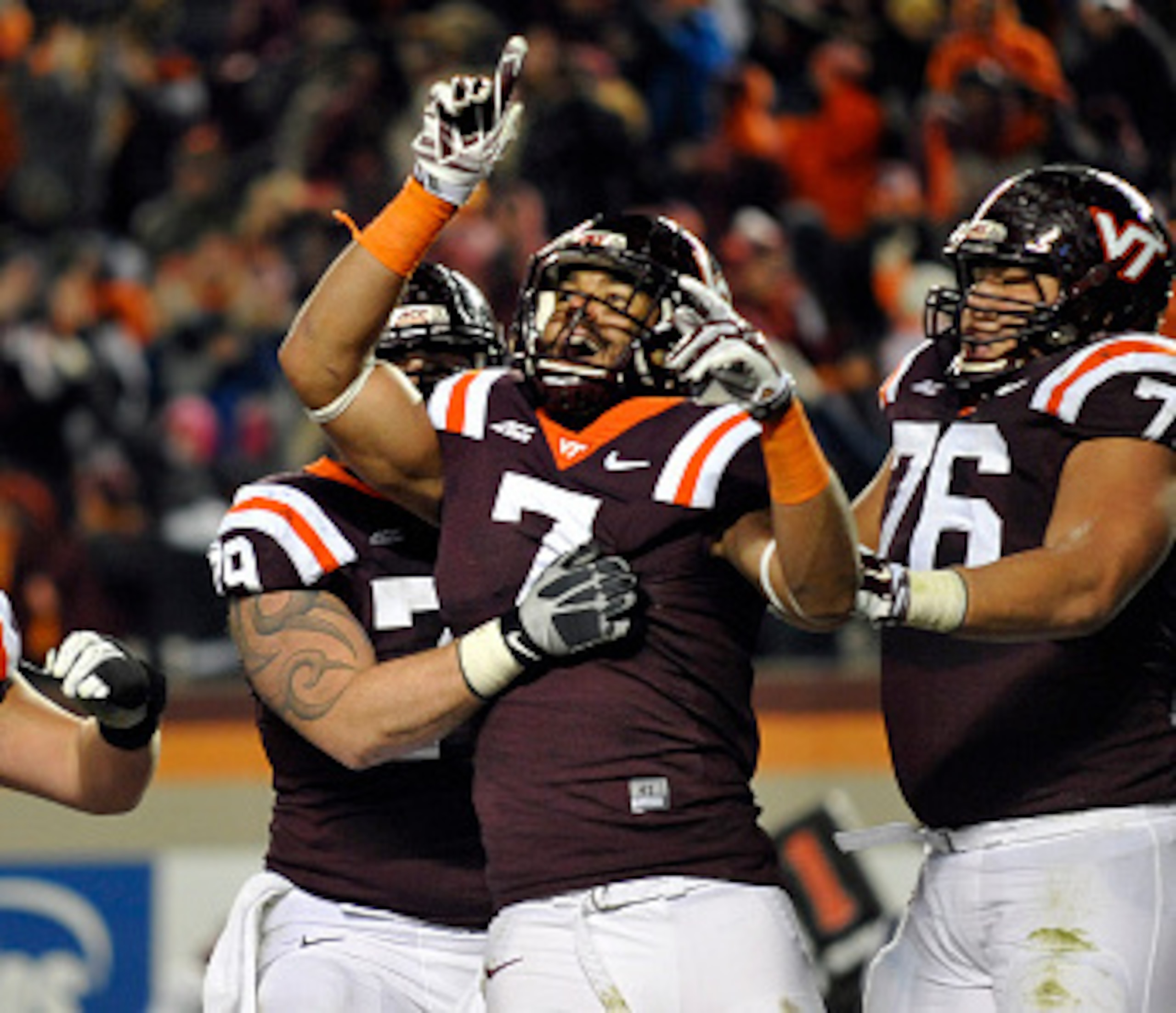Bucky Hodges and teammates celebrate a touchdown in the win over UVa Bucky Hodges and teammates celebrate a touchdown in the win over UVa