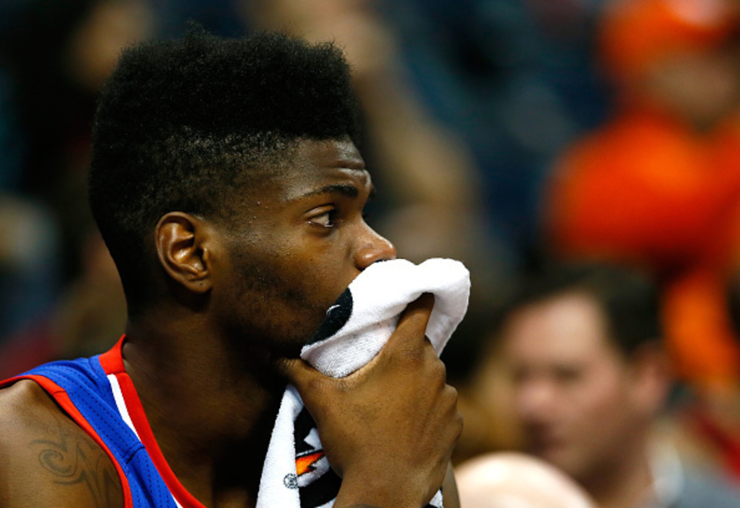 ATLANTA, GA - DECEMBER 10:  Nerlens Noel #4 of the Philadelphia 76ers looks on in the final minutes of their 95-79 loss to the Atlanta Hawks at Philips Arena on December 10, 2014 in Atlanta, Georgia.  NOTE TO USER: User expressly acknowledges and agrees t