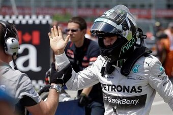 Nico Rosberg celebrates his pole position at the 2014 Canadian Grand Prix.