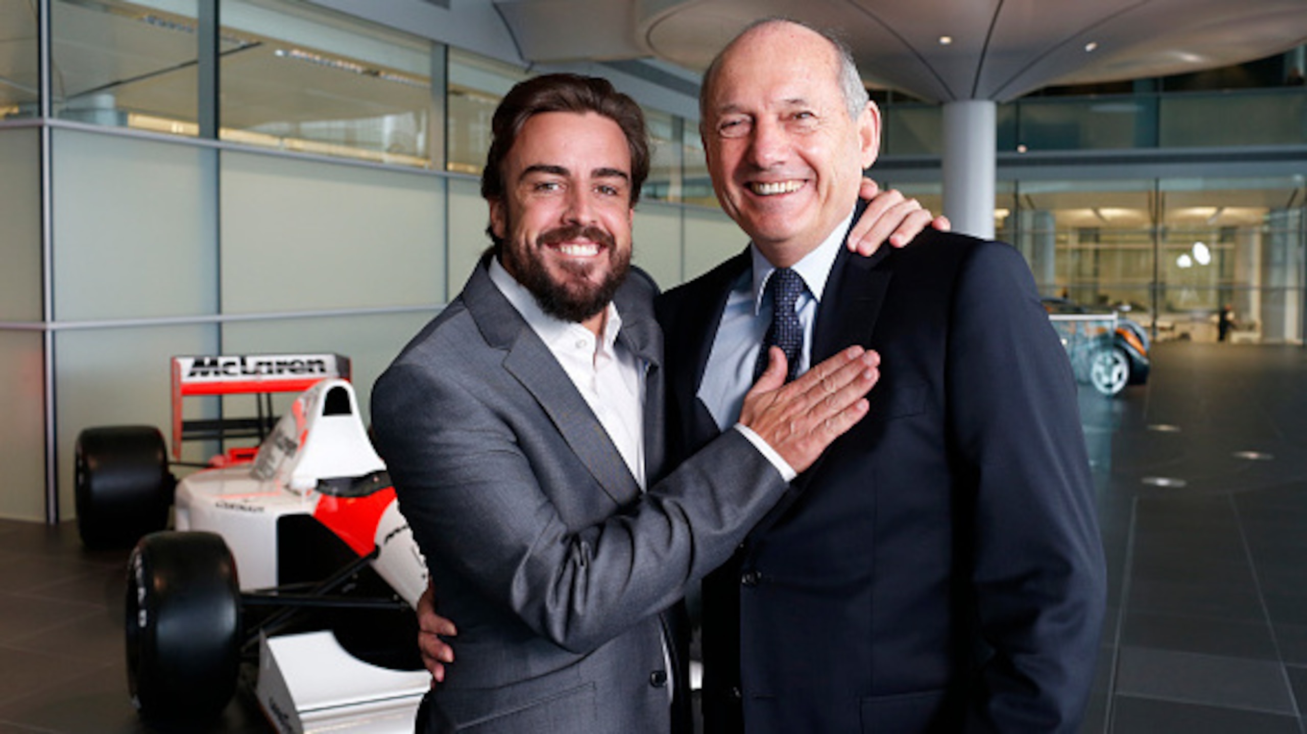 All smiles: Ron Dennis and Fernando Alonso reunited for 2015.