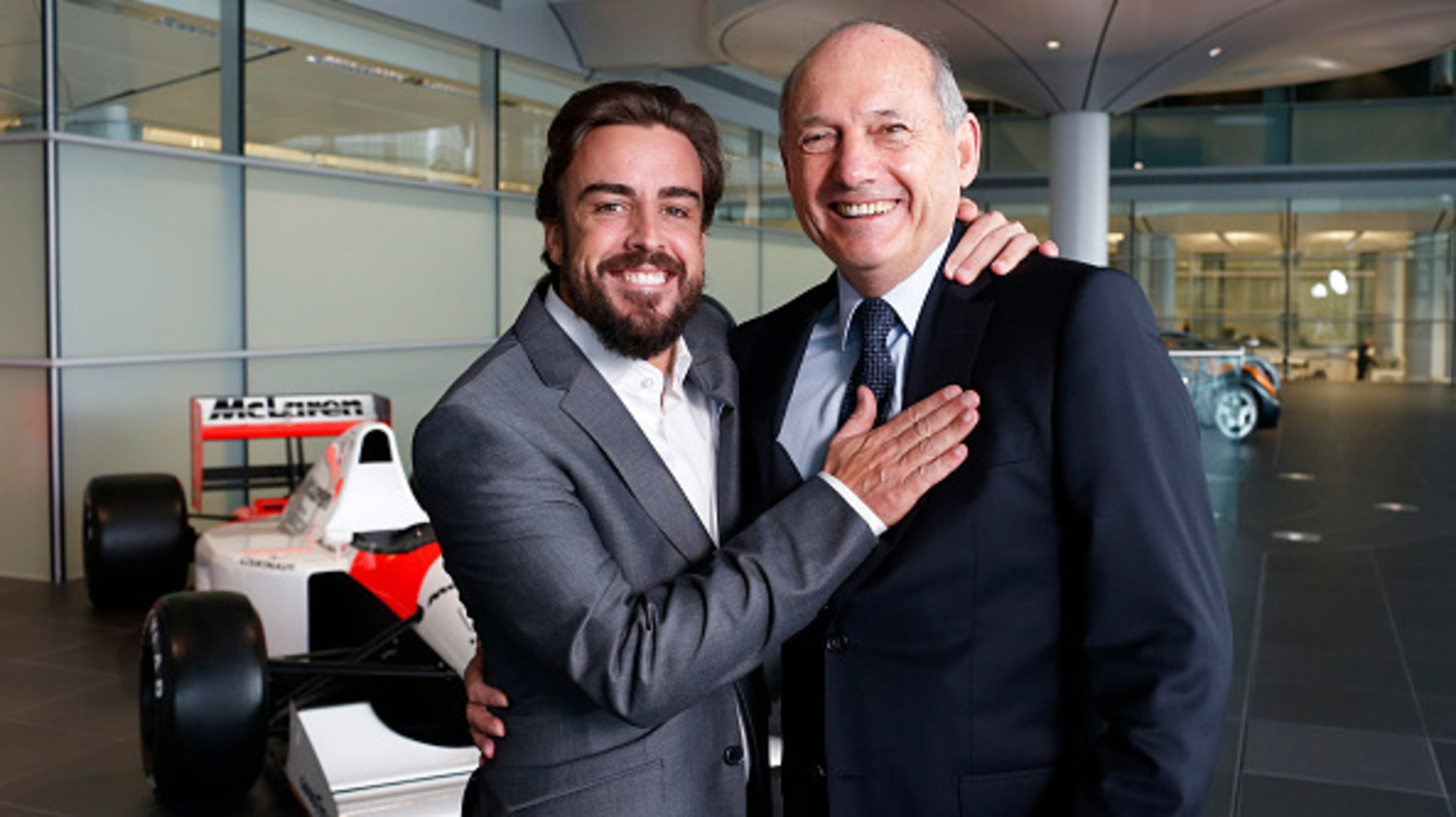All smiles: Ron Dennis and Fernando Alonso reunited for 2015.
