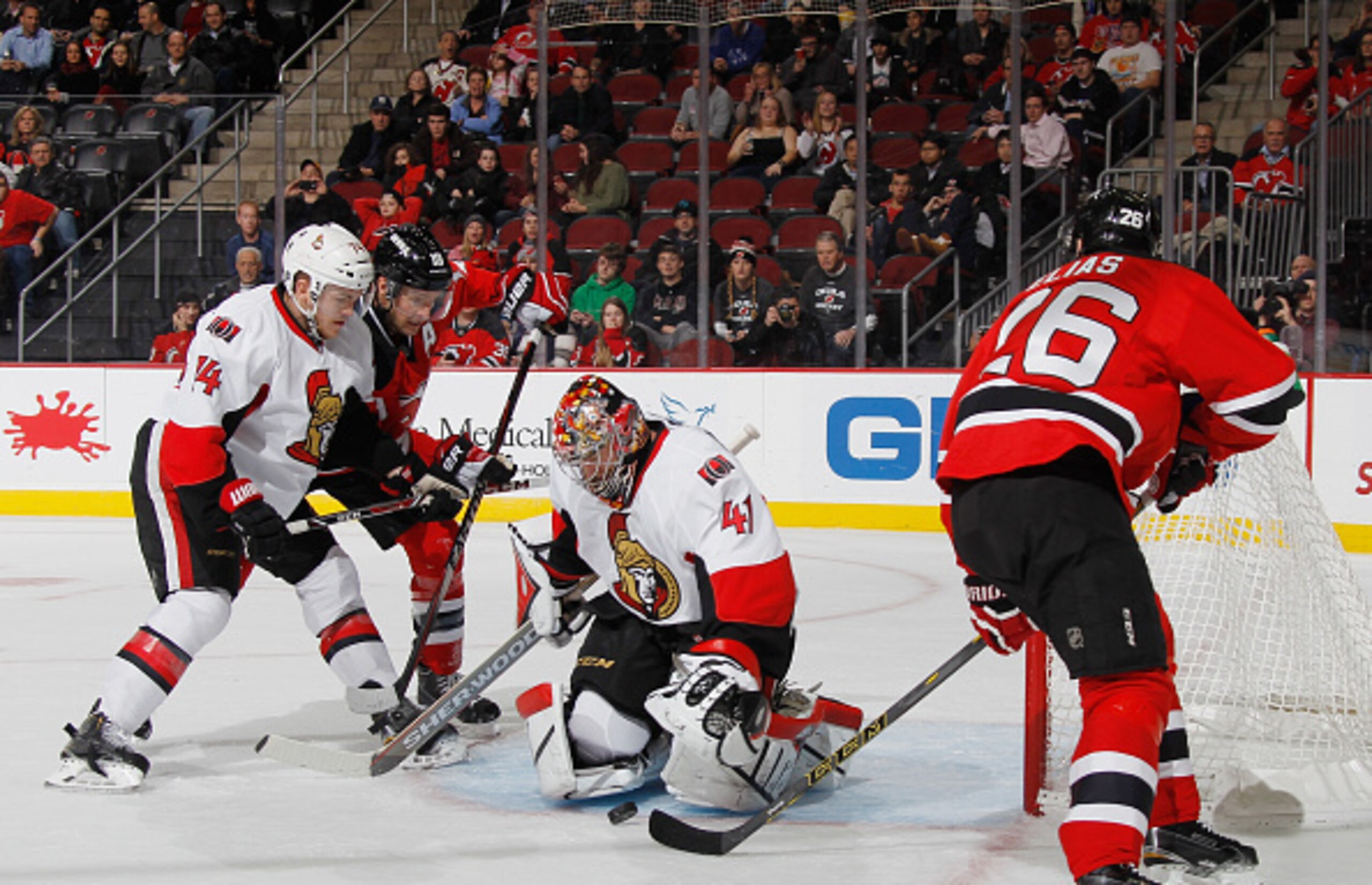 Patrik Elias fails to slam home a rebound against Ottawa.