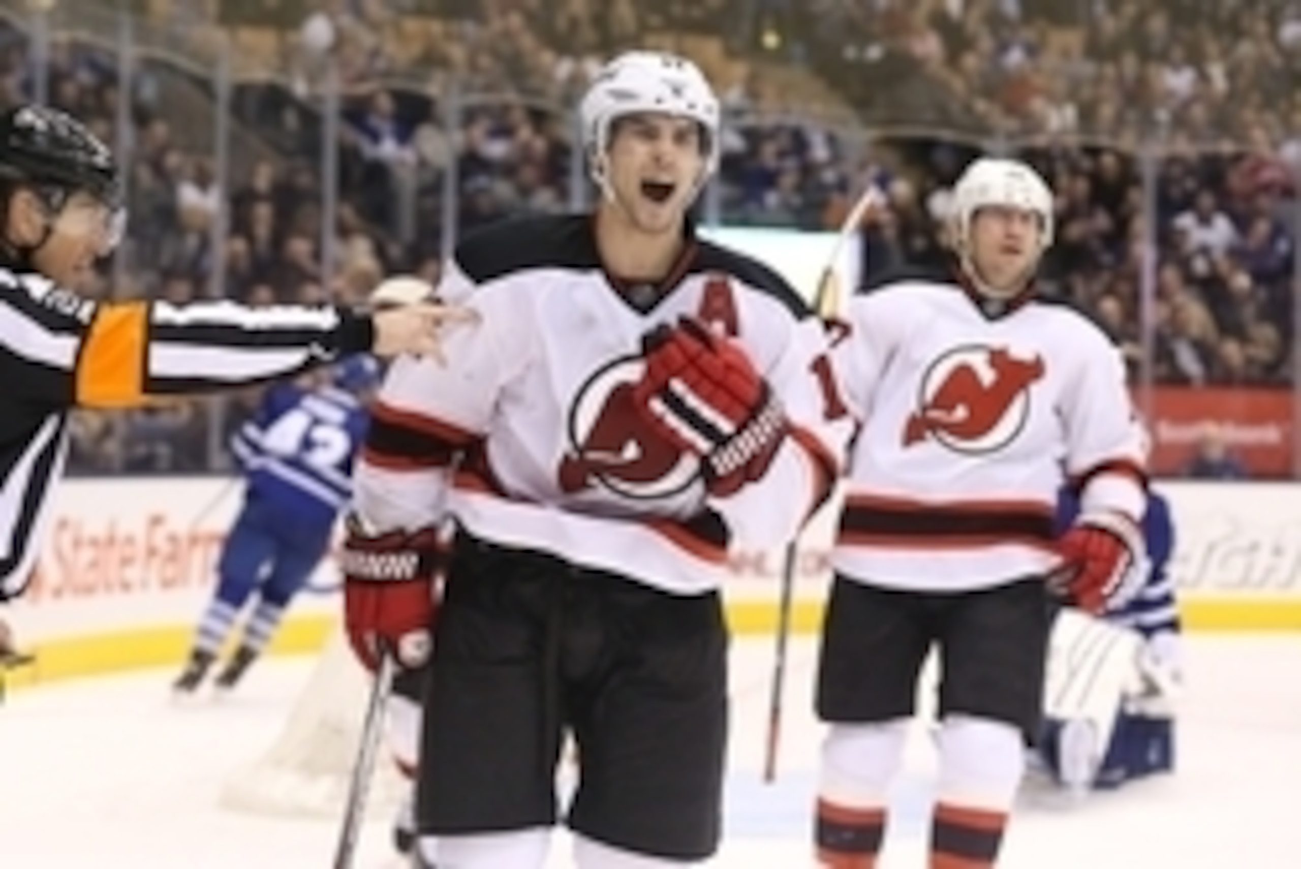 Adam Henrique celebrates a goal against the Toronto Maple Leafs.