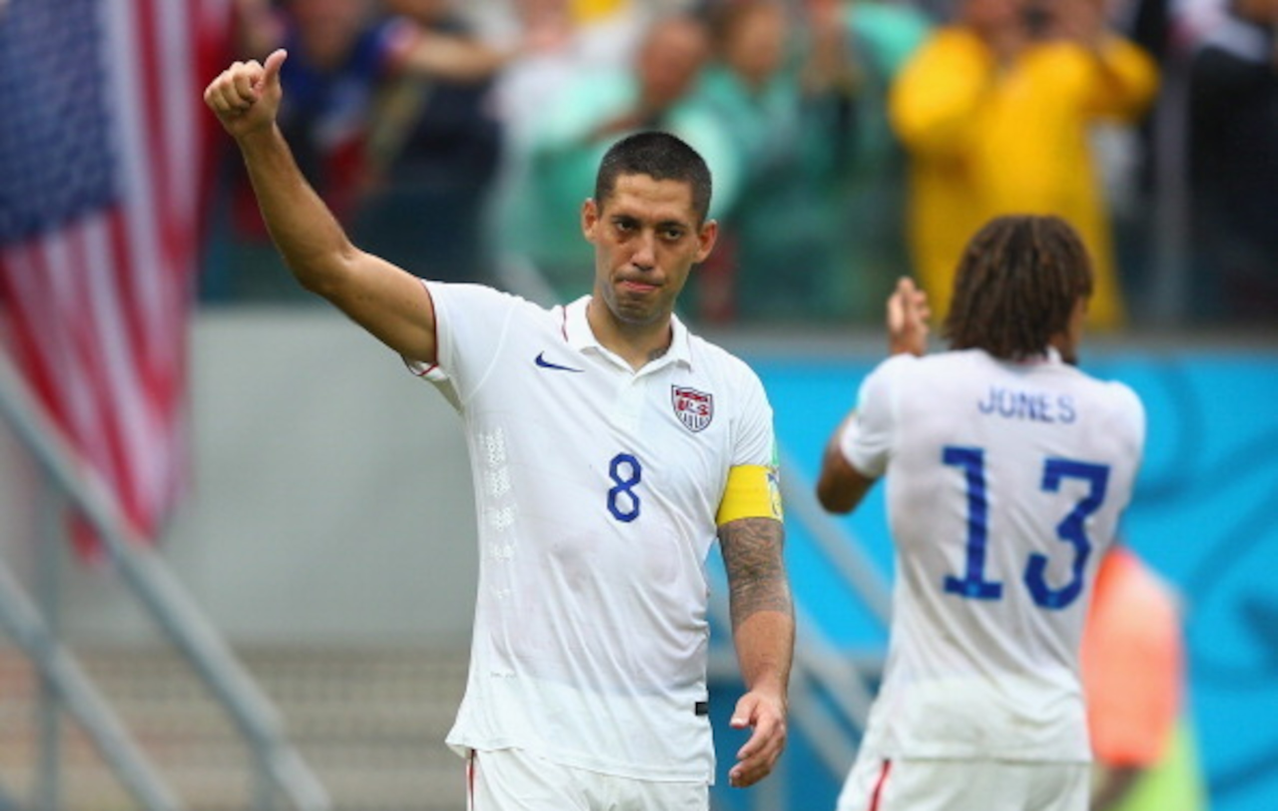 RECIFE, BRAZIL - JUNE 26: Clint Dempsey of the United States acknowledges the fans after being defeated by Germany 1-0 during the 2014 FIFA World Cup Brazil group G match between the United States and Germany at Arena Pernambuco on June 26, 2014 in Recife
