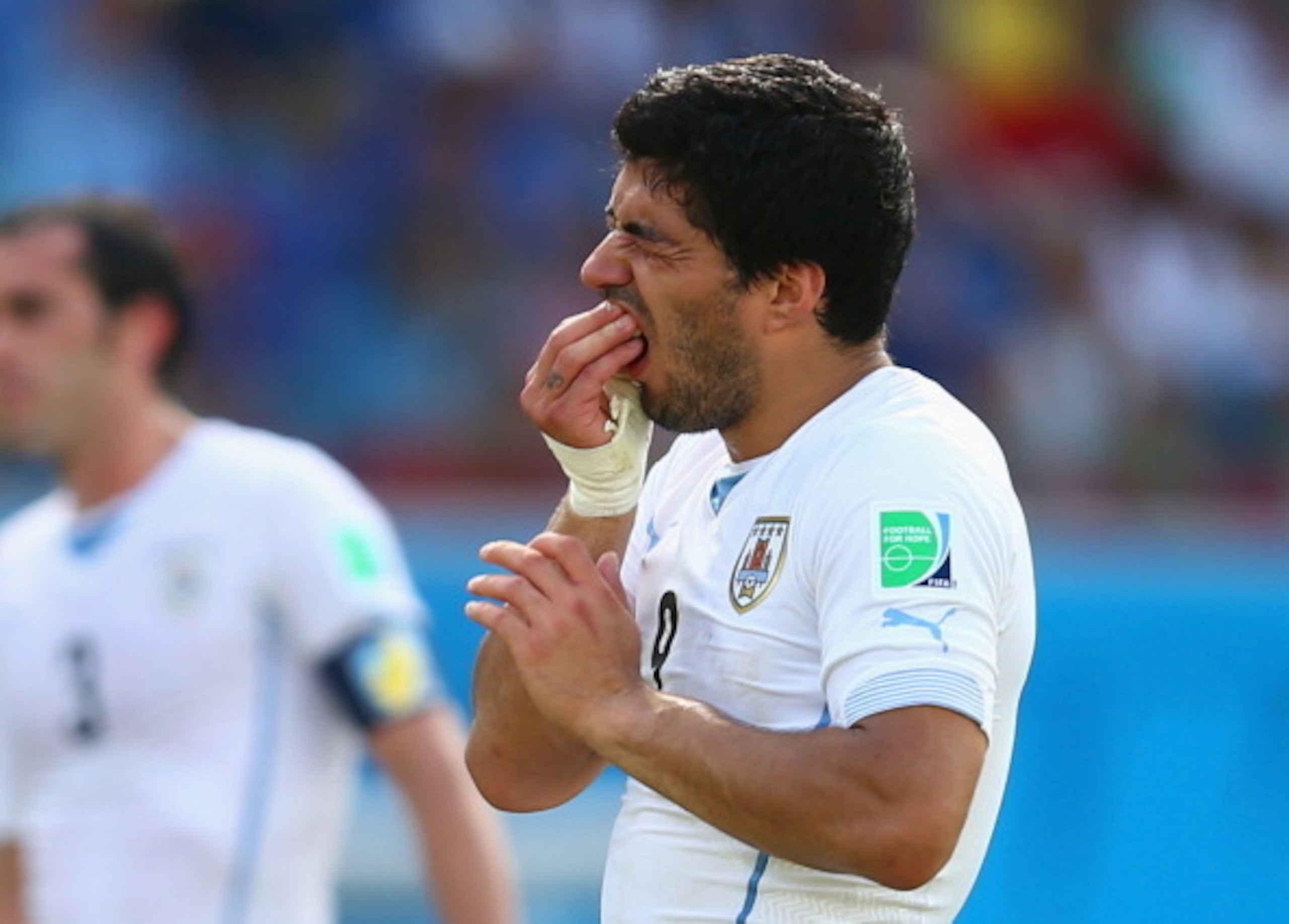 NATAL, BRAZIL - JUNE 24:  Luis Suarez of Uruguay reacts during the 2014 FIFA World Cup Brazil Group D match between Italy and Uruguay at Estadio das Dunas on June 24, 2014 in Natal, Brazil.  (Photo by Clive Rose/Getty Images)