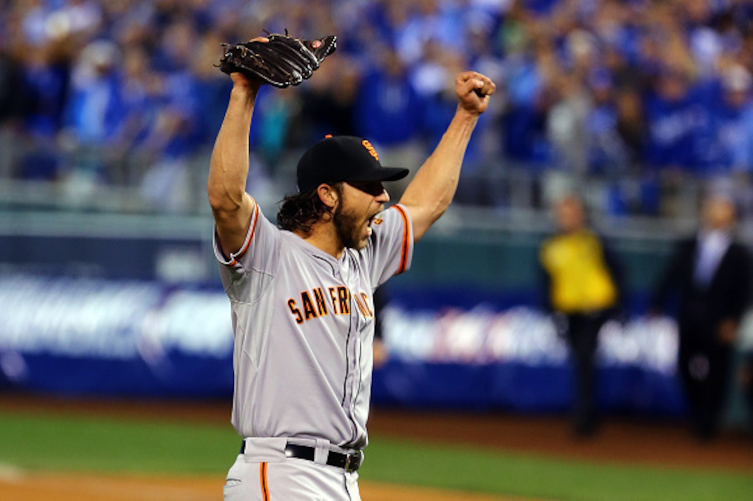KANSAS CITY, MO - OCTOBER 29:  Madison Bumgarner #40 of the San Francisco Giants celebrates after defeating the Kansas City Royals to win Game Seven of the 2014 World Series by a score of 3-2 at Kauffman Stadium on October 29, 2014 in Kansas City, Missour