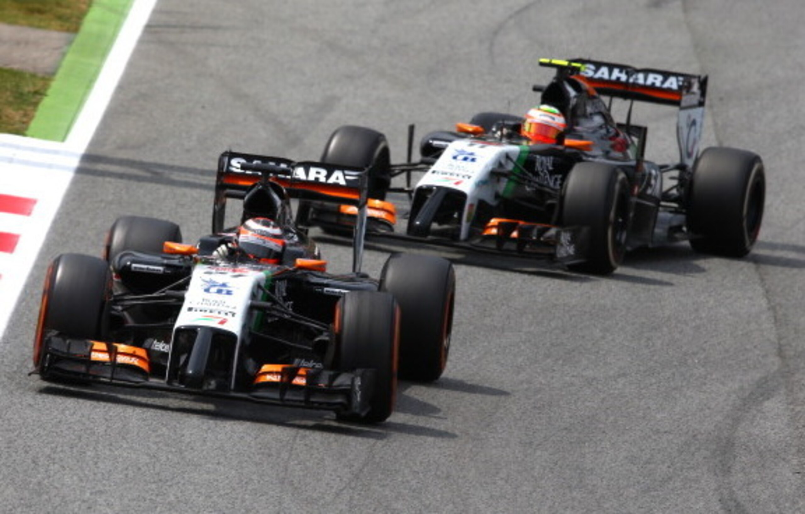 Nico Hulkenberg leads Sergio Perez at the Spanish Grand Prix.