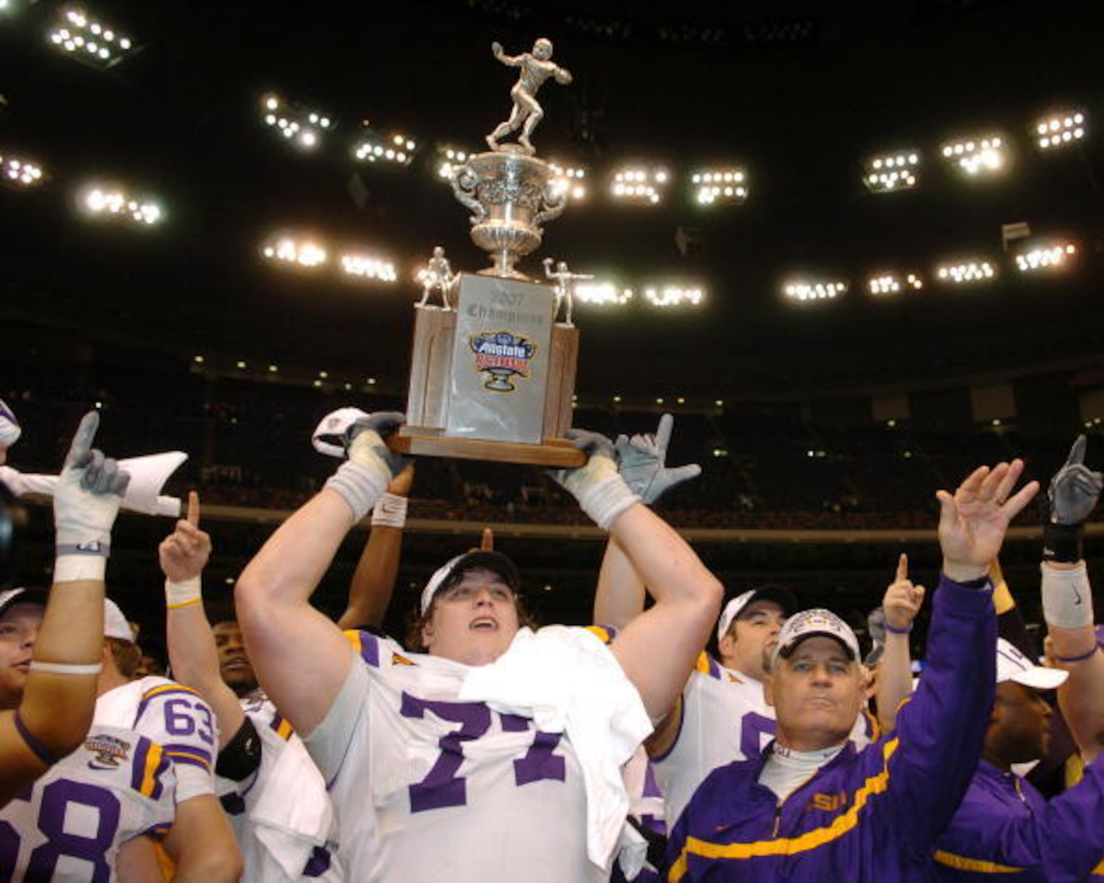 LSU hoists the Sugar Bowl trophy after defeating Notre Dame. The 2007 clash was the last time the two schools faced each other.