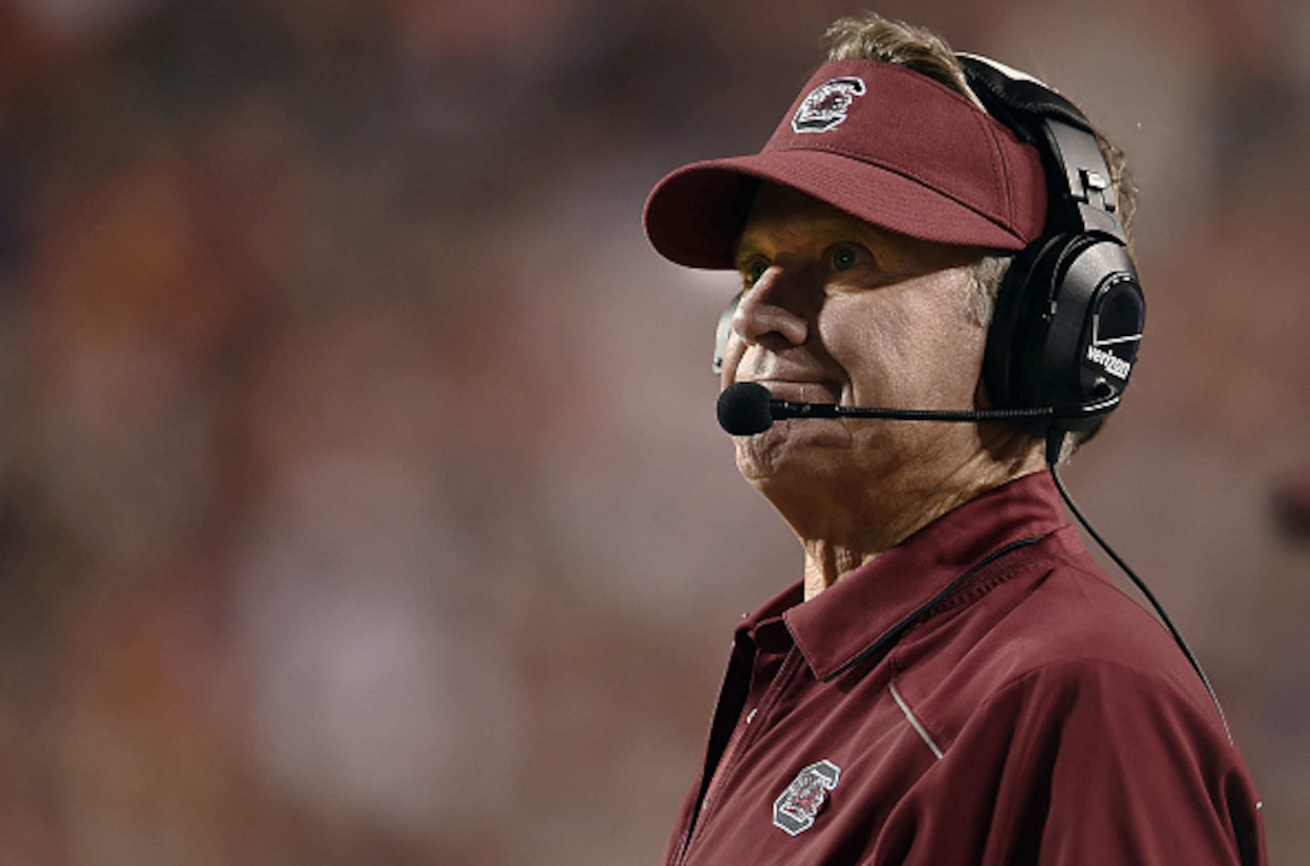 AUBURN, AL - OCTOBER 25:  Head coach Steve Spurrier of the South Carolina Gamecocks watches action during the fourth quarter of a game against the Auburn Tigers at Jordan Hare Stadium on October 25, 2014 in Auburn, Alabama.  (Photo by Stacy Revere/Getty I