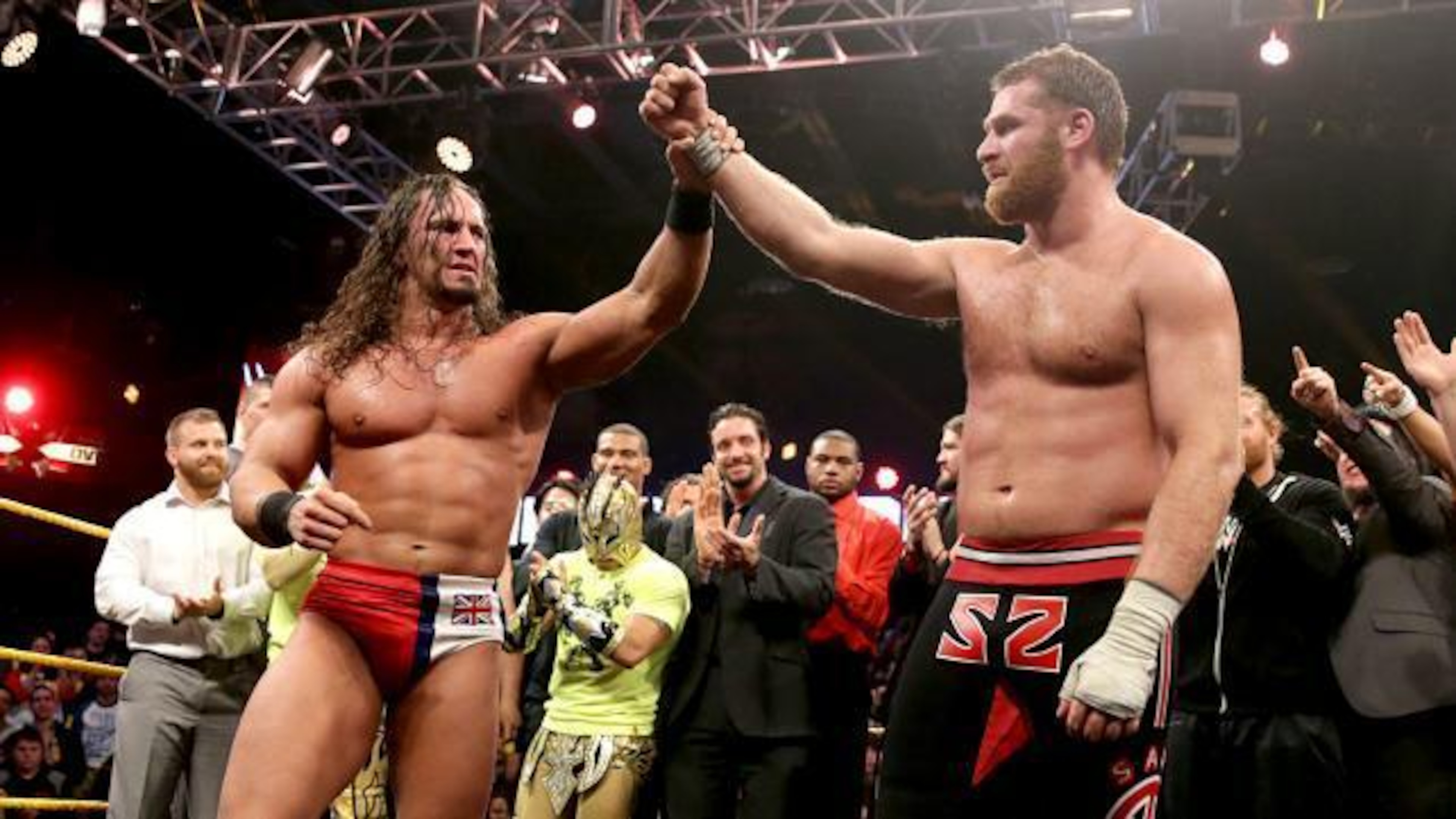 Adrian Neville and Sami Zayn embrace each other after their epic encounter. Adrian Neville and Sami Zayn embrace each other after their epic encounter.