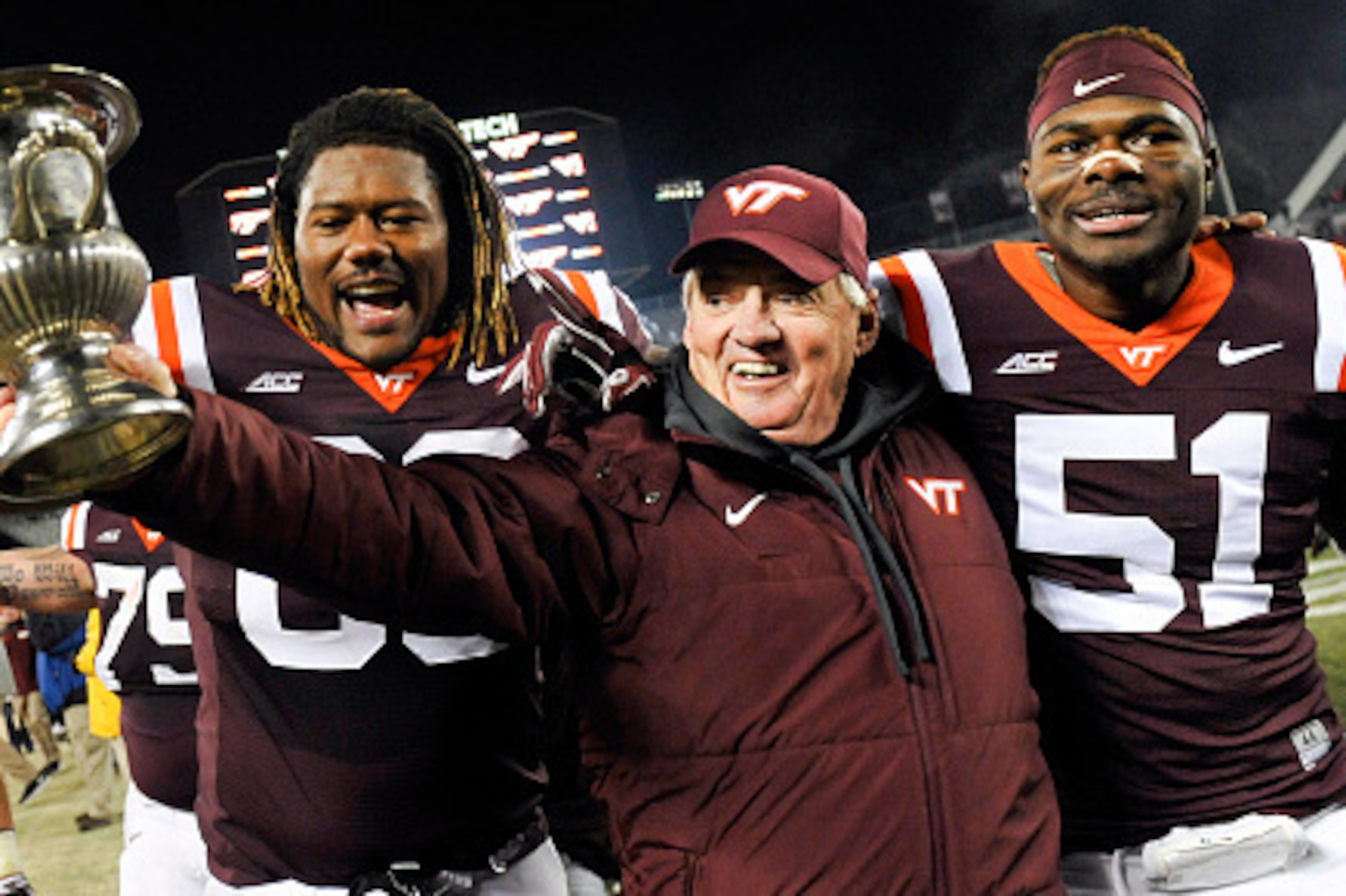 Virginia Tech head coach Frank Beamer celebrating the season-ending win over Virginia